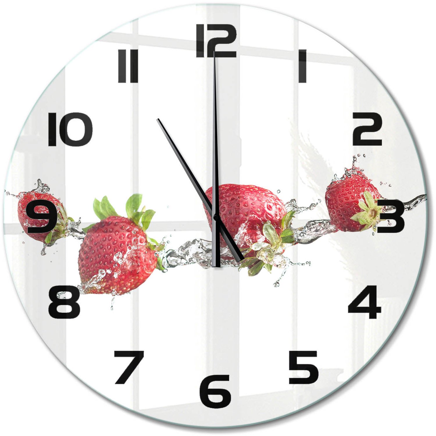 TULUP Wandklok - Aardbeien en water Moderne Wandklok Glas - fi60 cm - Rood Wandklok Glas Decoratie - Zwarte handen - Ronde Klok - Glazen Wandklok Design - Klok Glas Met Opdruk
