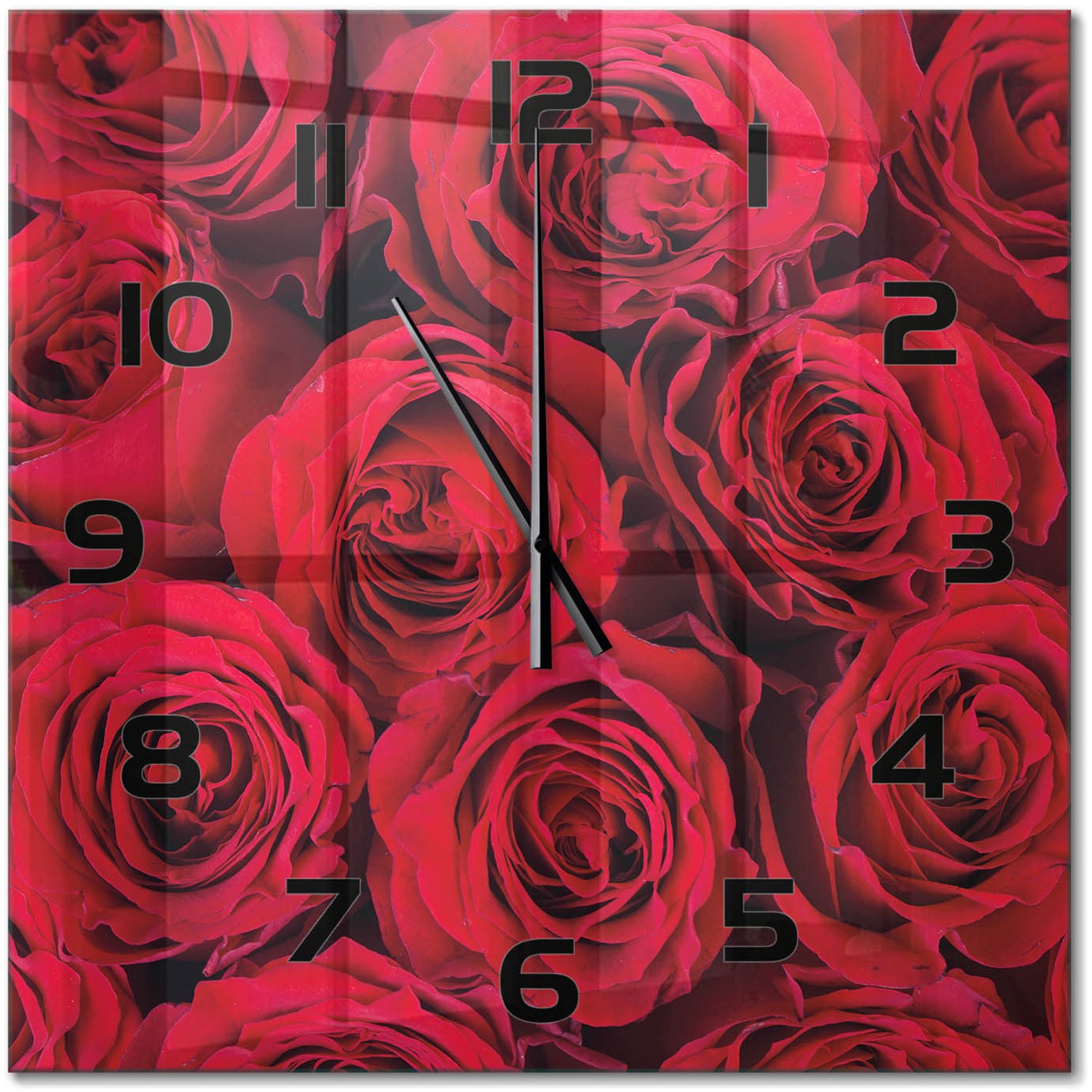 TULUP Wandklok - Rozen Moderne Wandklok Glas - 60x60 cm - Rood Wandklok Glas Decoratie - Zwarte handen - Vierkante Klok - Glazen Wandklok Design - Klok Glas Met Opdruk