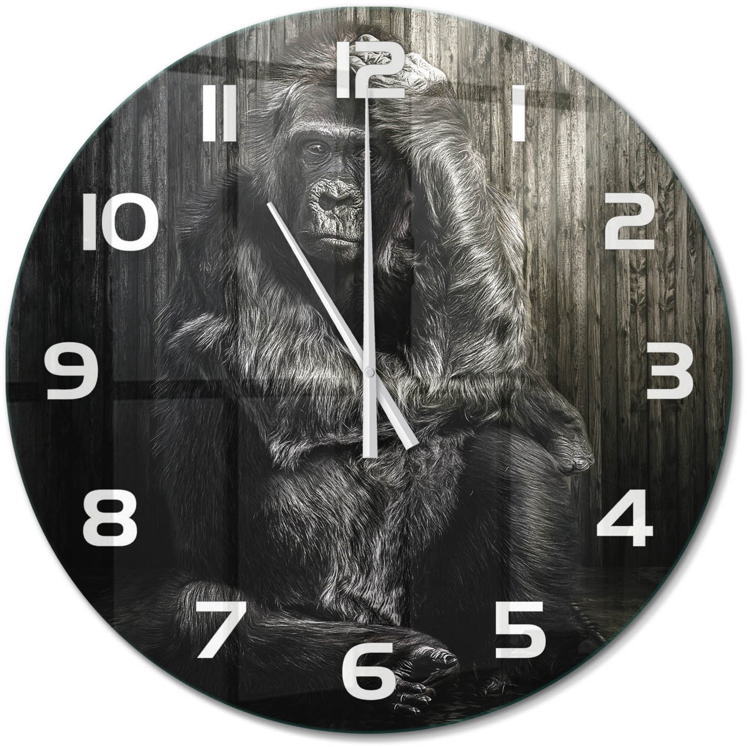 TULUP Wandklok - Gorilla Glazen Wandklok Design - fi60 cm - Zwart Klok Glas Met Opdruk - Witte handen - Ronde Klok - Wandklok Glas Met Motief - Decoratieve Glazen Klok