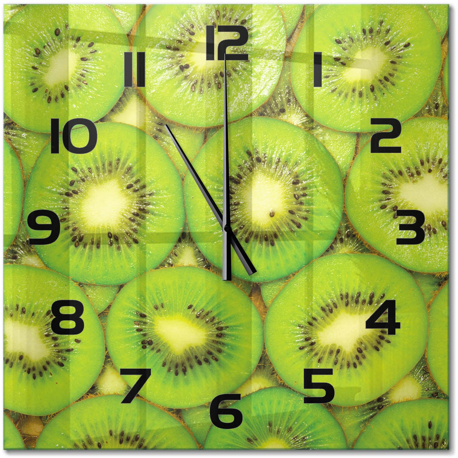 TULUP Wandklok - Kiwi Glazen Wandklok Design - 60x60 cm - Groente Klok Glas Met Opdruk - Zwarte handen - Vierkante Klok - Wandklok Glas Met Motief - Decoratieve Glazen Klok