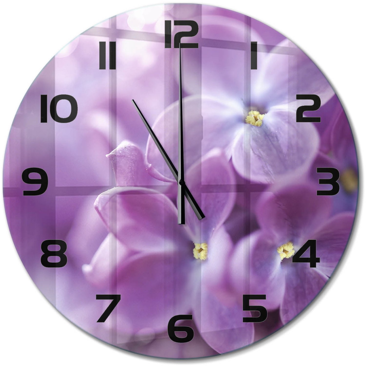 TULUP Wandklok - Paarse bloemen Glazen Wandklok Design - fi60 cm - Paars Klok Glas Met Opdruk - Zwarte handen - Ronde Klok - Wandklok Glas Met Motief - Decoratieve Glazen Klok
