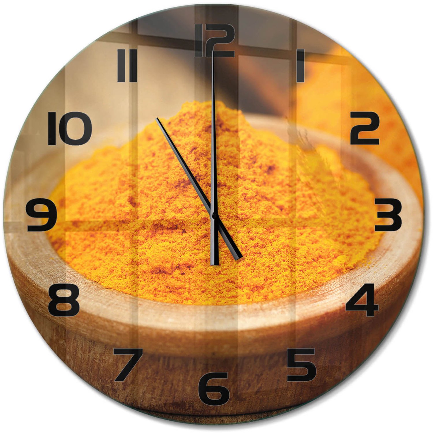 TULUP Wandklok - Kurkuma specerij Klok Glas Met Opdruk - fi60 cm - Oranje Moderne Wandklok Glas - Zwarte handen - Ronde Klok - Decoratieve Glazen Klok - Glazen Wandklok Design