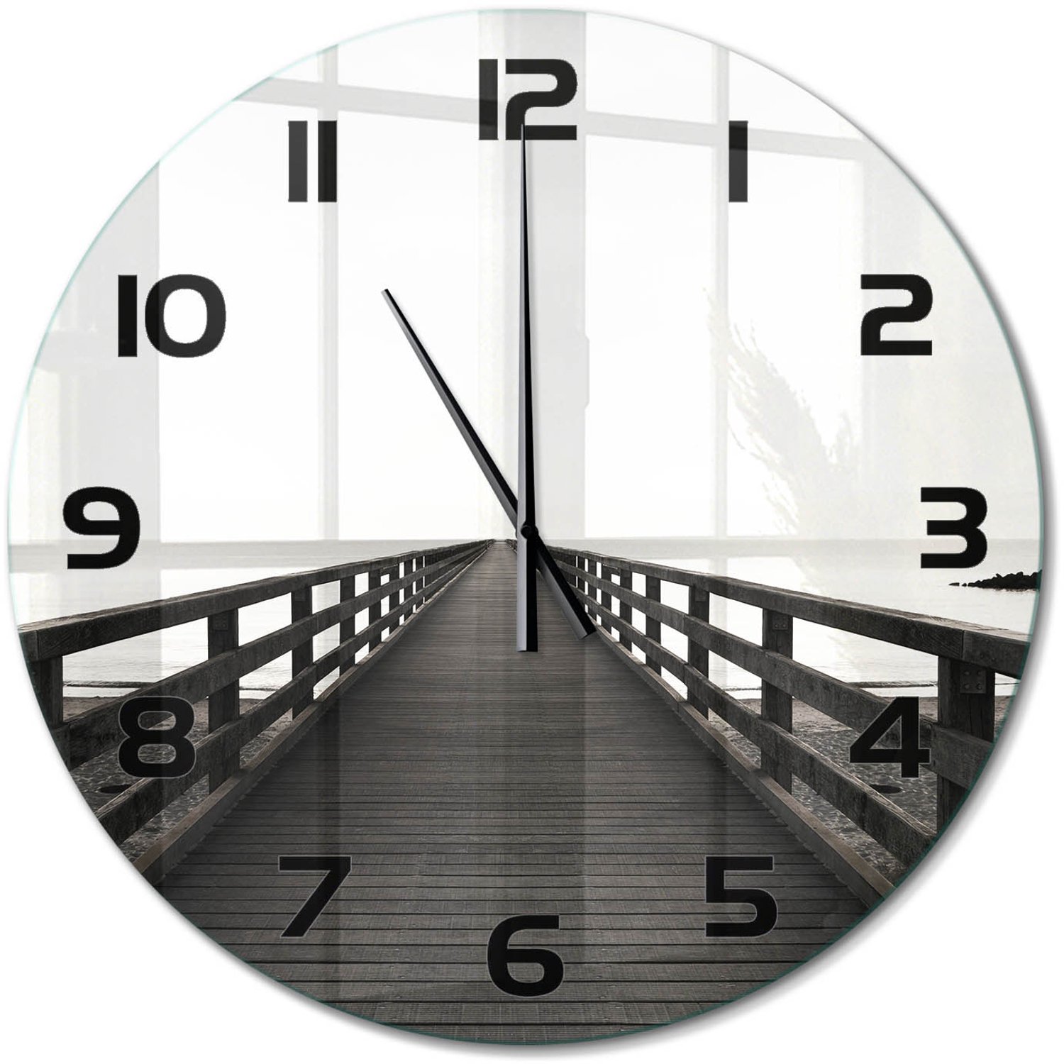 TULUP Wandklok - Houten brug Klok Glas Met Opdruk - fi60 cm - Zwart-wit Moderne Wandklok Glas - Zwarte handen - Ronde Klok - Decoratieve Glazen Klok - Glazen Wandklok Design