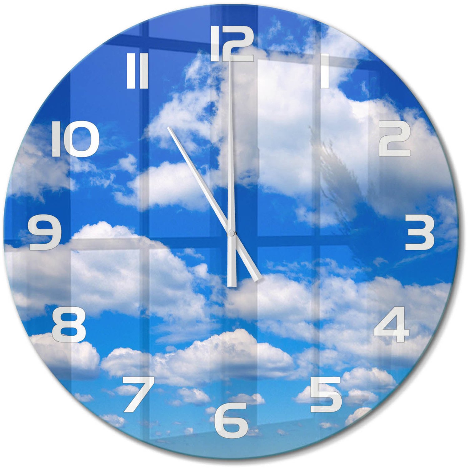 TULUP Wandklok - Wolken aan de hemel Klok Glas Met Opdruk - fi60 cm - Blauw Moderne Wandklok Glas - Witte handen - Ronde Klok - Decoratieve Glazen Klok - Glazen Wandklok Design