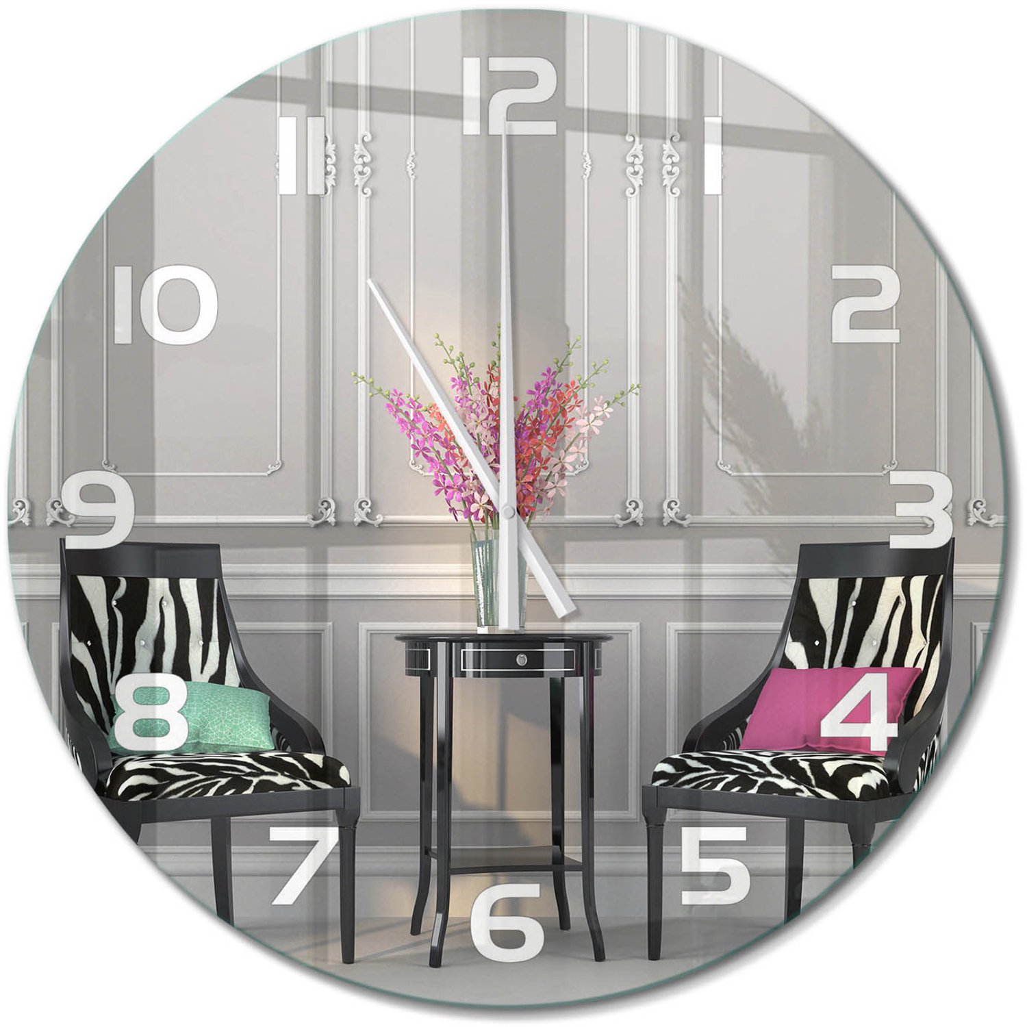 TULUP Wandklok - Twee stoelen Glazen Wandklok Design - fi60 cm - Veelkleurig Klok Glas Met Opdruk - Witte handen - Ronde Klok - Wandklok Glas Met Motief - Decoratieve Glazen Klok