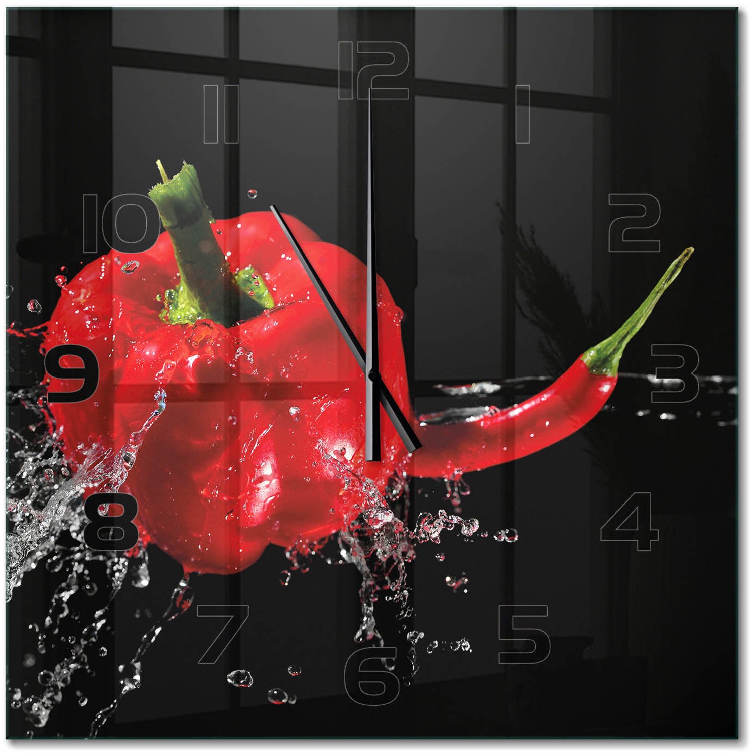 TULUP Wandklok - Rode peper Wandklok Glas Met Motief - 60x60 cm - Rood Decoratieve Glazen Klok - Zwarte handen - Vierkante Klok - Gekleurde Glazen Klok - Glazen Klok Met Print