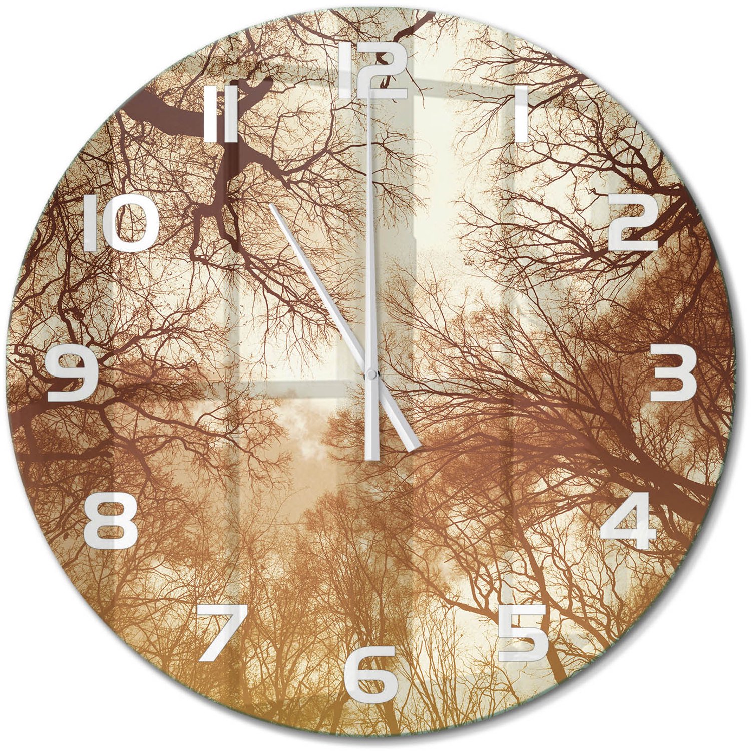 TULUP Wandklok - Woud Decoratieve Glazen Klok - fi60 cm - Bruin Glazen Wandklok Design - Witte handen - Ronde Klok - Glazen Klok Met Print - Wandklok Glas Met Motief