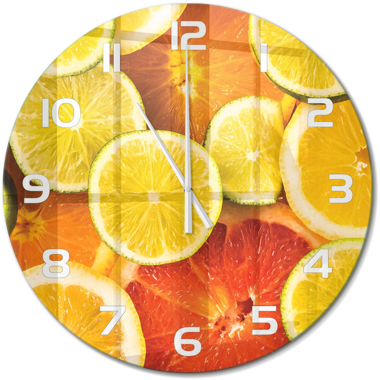 TULUP Wandklok - Citrusvruchten Decoratieve Glazen Klok - fi60 cm - Oranje Glazen Wandklok Design - Witte handen - Ronde Klok - Glazen Klok Met Print - Wandklok Glas Met Motief