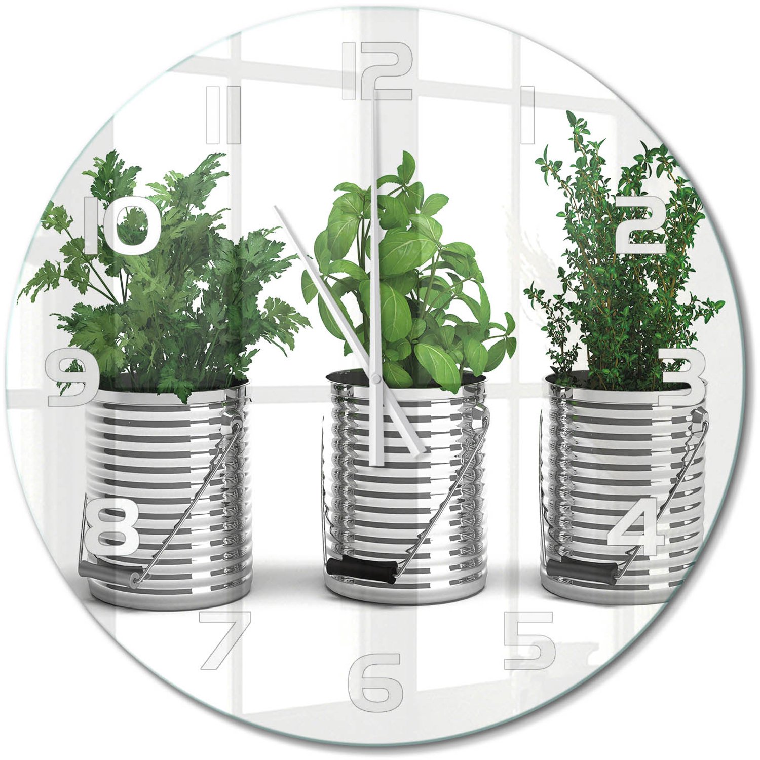 TULUP Wandklok - Aromatische planten Gekleurde Glazen Klok - fi60 cm - Groente Glazen Klok Met Print - Witte handen - Ronde Klok - Moderne Wandklok Glas - Wandklok Glas Decoratie