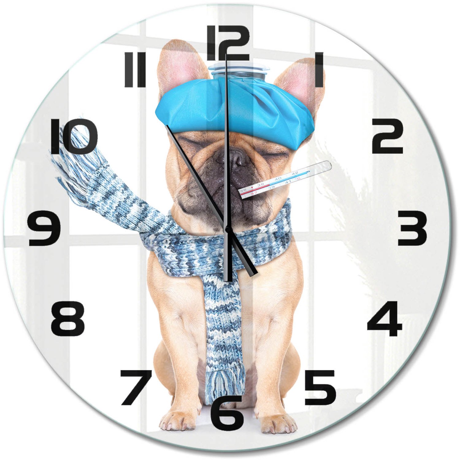 TULUP Wandklok - Zieke hond Decoratieve Glazen Klok - fi60 cm - Blauw Glazen Wandklok Design - Zwarte handen - Ronde Klok - Glazen Klok Met Print - Wandklok Glas Met Motief