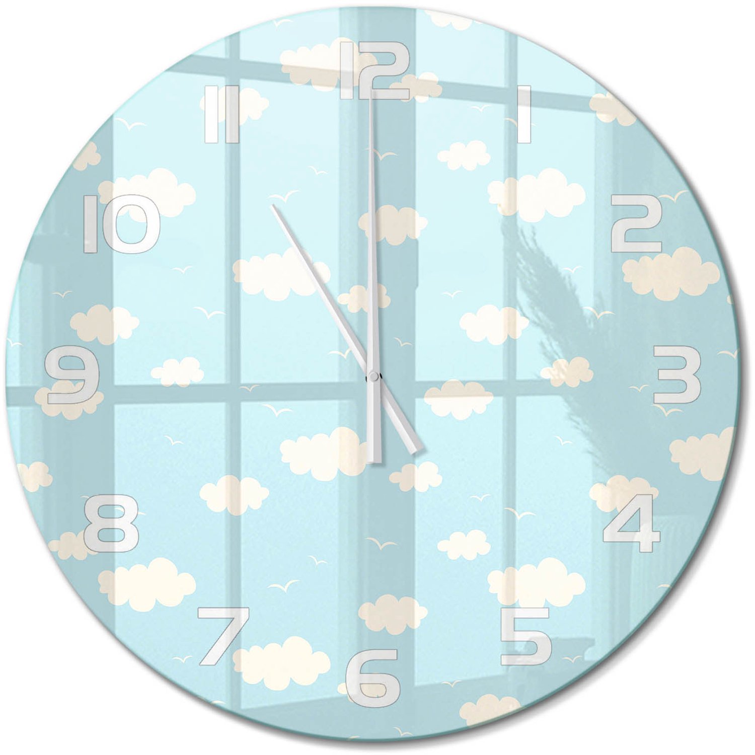 TULUP Wandklok - Wolk Moderne Wandklok Glas - fi60 cm - Blauw Wandklok Glas Decoratie - Witte handen - Ronde Klok - Glazen Wandklok Design - Klok Glas Met Opdruk