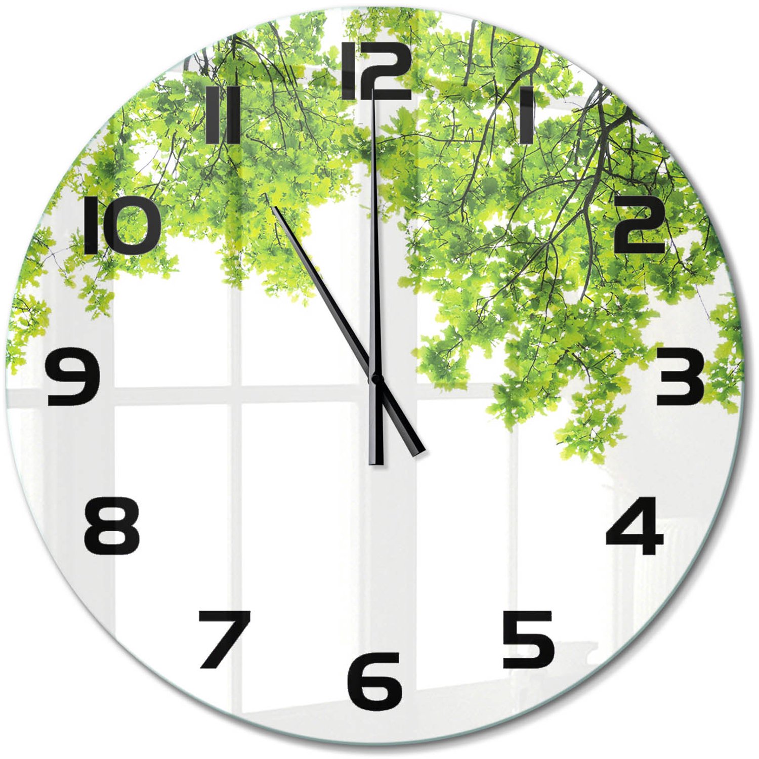 TULUP Wandklok - Eikenbladeren Wandklok Glas Met Motief - fi60 cm - Groente Decoratieve Glazen Klok - Zwarte handen - Ronde Klok - Gekleurde Glazen Klok - Glazen Klok Met Print