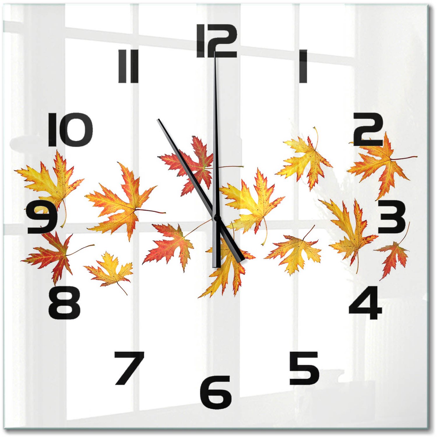 TULUP Wandklok - Herfstbladeren Glazen Wandklok Design - 60x60 cm - Geel Klok Glas Met Opdruk - Zwarte handen - Vierkante Klok - Wandklok Glas Met Motief - Decoratieve Glazen Klok