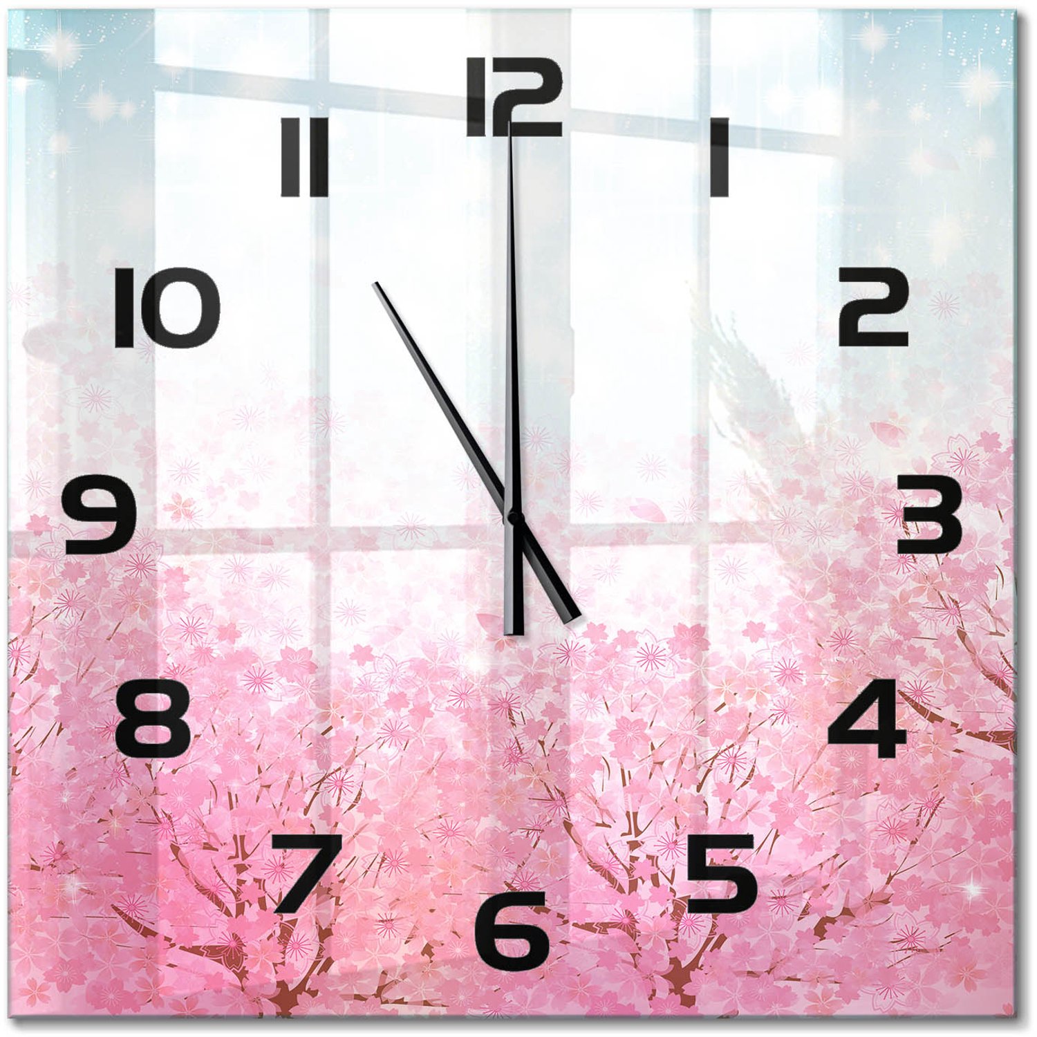 TULUP Wandklok - Kersenbloesem Klok Glas Met Opdruk - 60x60 cm - Roze Moderne Wandklok Glas - Zwarte handen - Vierkante Klok - Decoratieve Glazen Klok - Glazen Wandklok Design