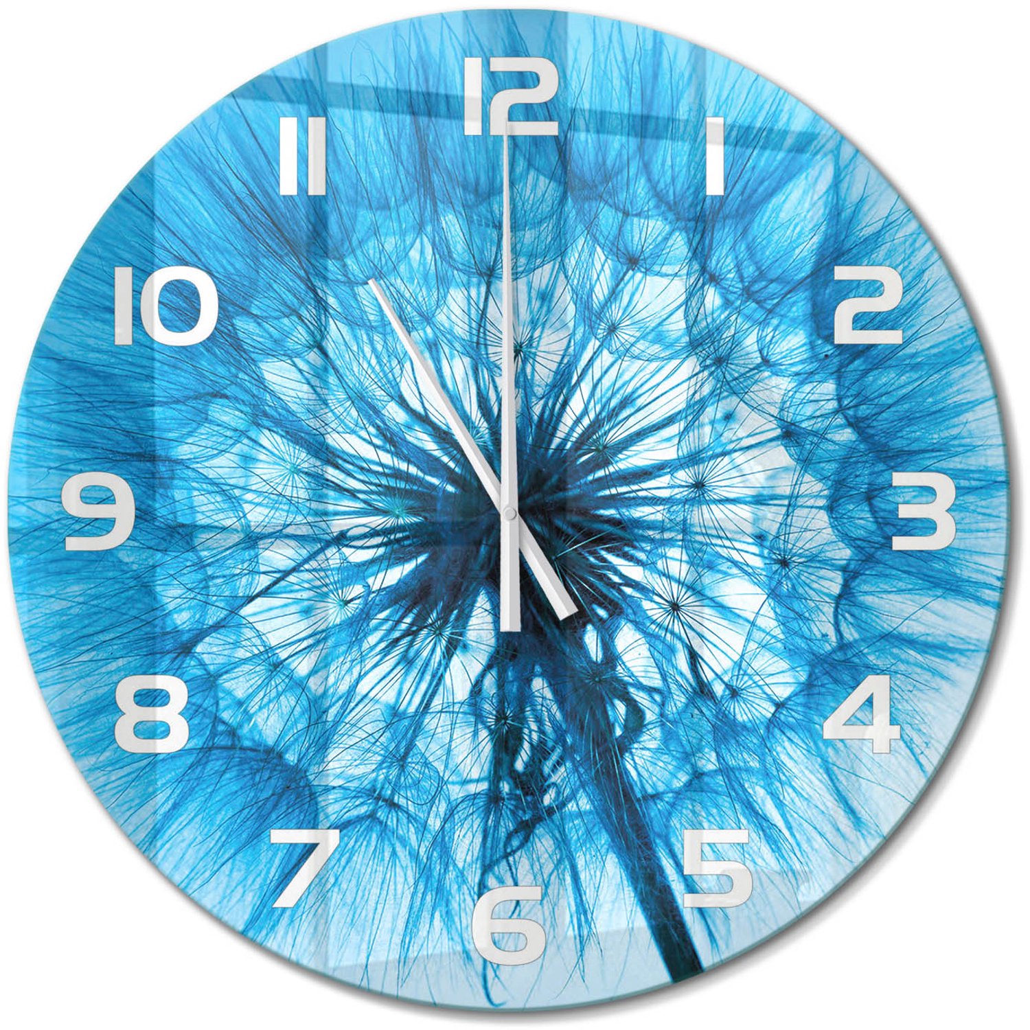 TULUP Wandklok - Paardebloem Wandklok Glas Decoratie - fi60 cm - Blauw Gekleurde Glazen Klok - Witte handen - Ronde Klok - Klok Glas Met Opdruk - Moderne Wandklok Glas
