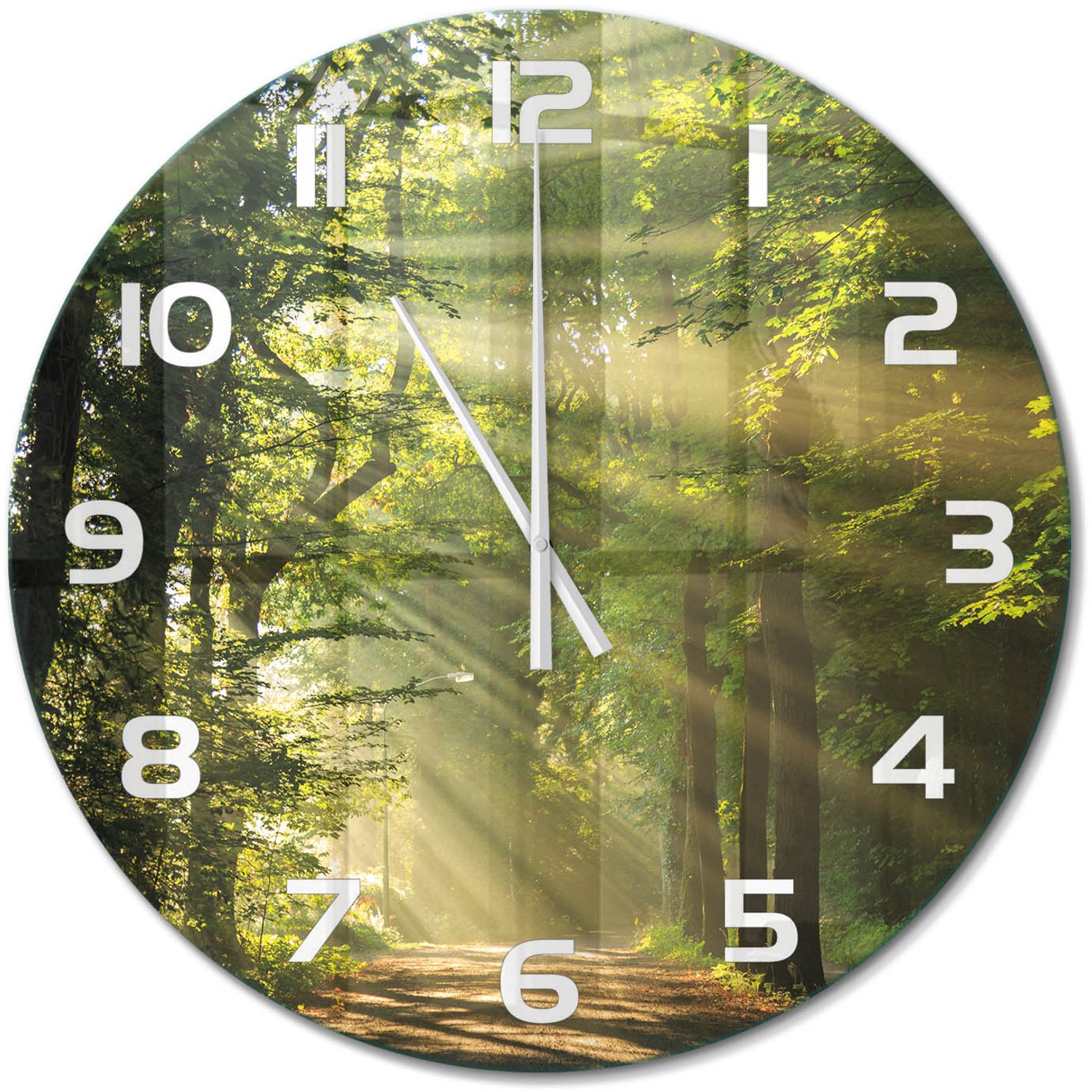 TULUP Wandklok - Bos in de zon Gekleurde Glazen Klok - fi60 cm - Groente Glazen Klok Met Print - Witte handen - Ronde Klok - Moderne Wandklok Glas - Wandklok Glas Decoratie