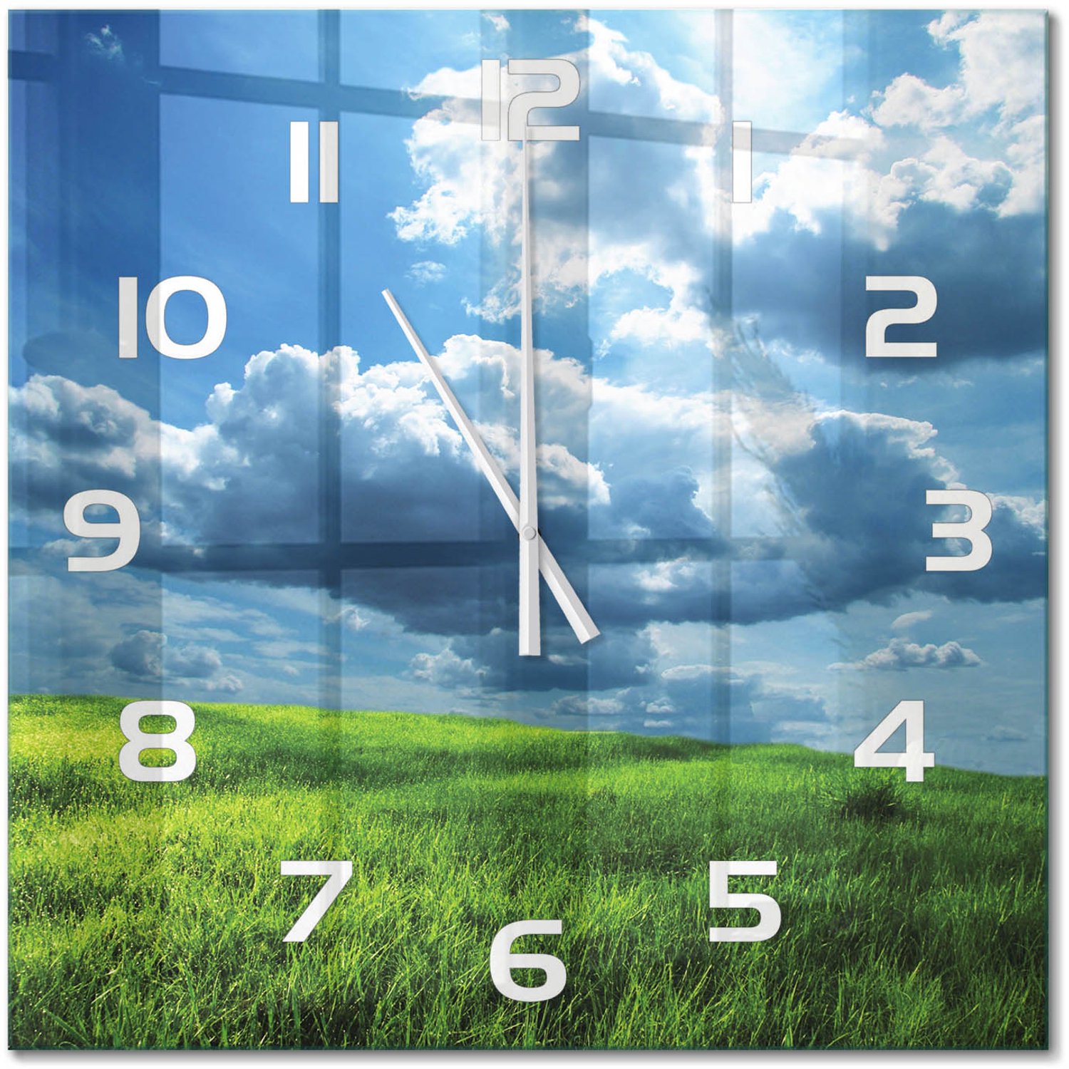 TULUP Wandklok - Wolken boven het veld Moderne Wandklok Glas - 60x60 cm - Groente Wandklok Glas Decoratie - Witte handen - Vierkante Klok - Glazen Wandklok Design - Klok Glas Met Opdruk