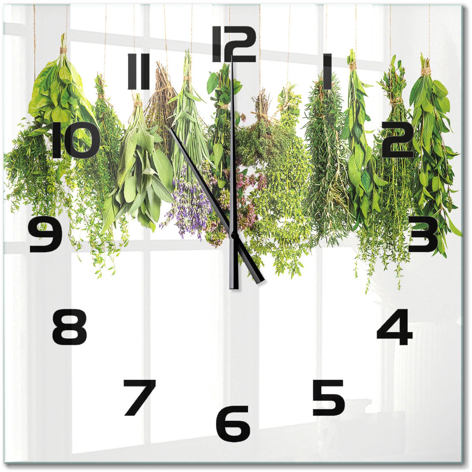 TULUP Wandklok - Kruiden aan een touwtje Klok Glas Met Opdruk - 60x60 cm - Groente Moderne Wandklok Glas - Zwarte handen - Vierkante Klok - Decoratieve Glazen Klok - Glazen Wandklok Design