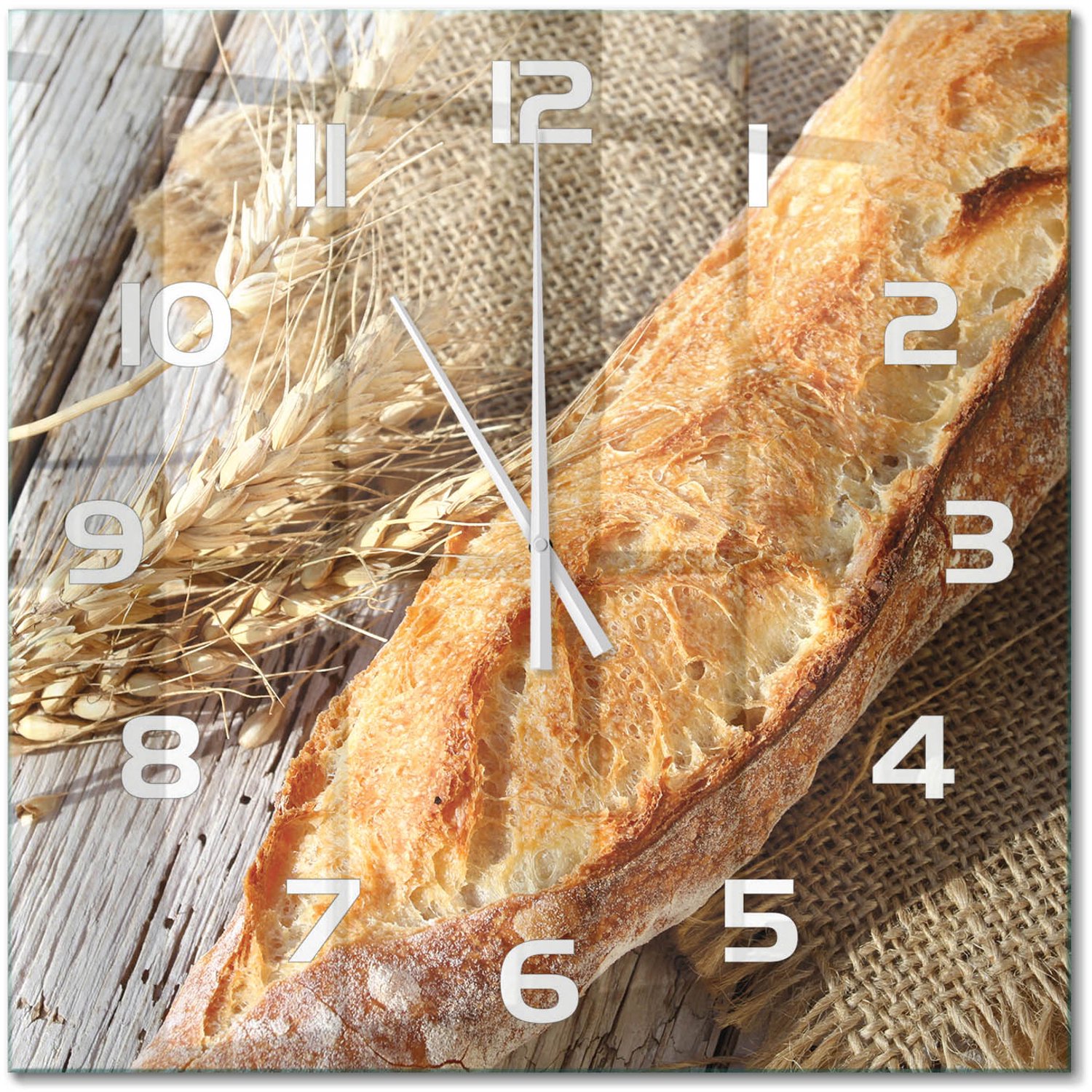 TULUP Wandklok - Verse baguette Glazen Wandklok Design - 60x60 cm - Beige Klok Glas Met Opdruk - Witte handen - Vierkante Klok - Wandklok Glas Met Motief - Decoratieve Glazen Klok