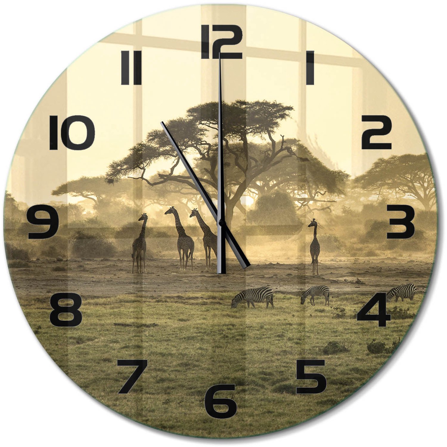 TULUP Wandklok - Giraffen in de savanne Wandklok Glas Decoratie - fi60 cm - Beige Gekleurde Glazen Klok - Zwarte handen - Ronde Klok - Klok Glas Met Opdruk - Moderne Wandklok Glas