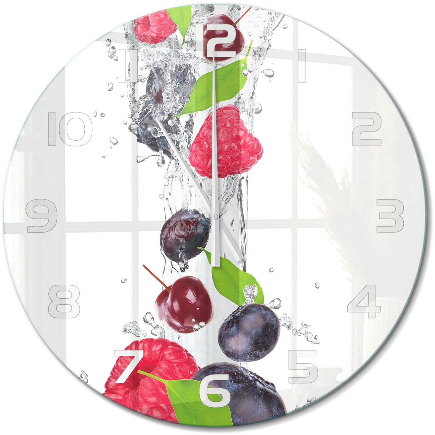 TULUP Wandklok - Fruit en water Klok Glas Met Opdruk - fi60 cm - Veelkleurig Moderne Wandklok Glas - Witte handen - Ronde Klok - Decoratieve Glazen Klok - Glazen Wandklok Design