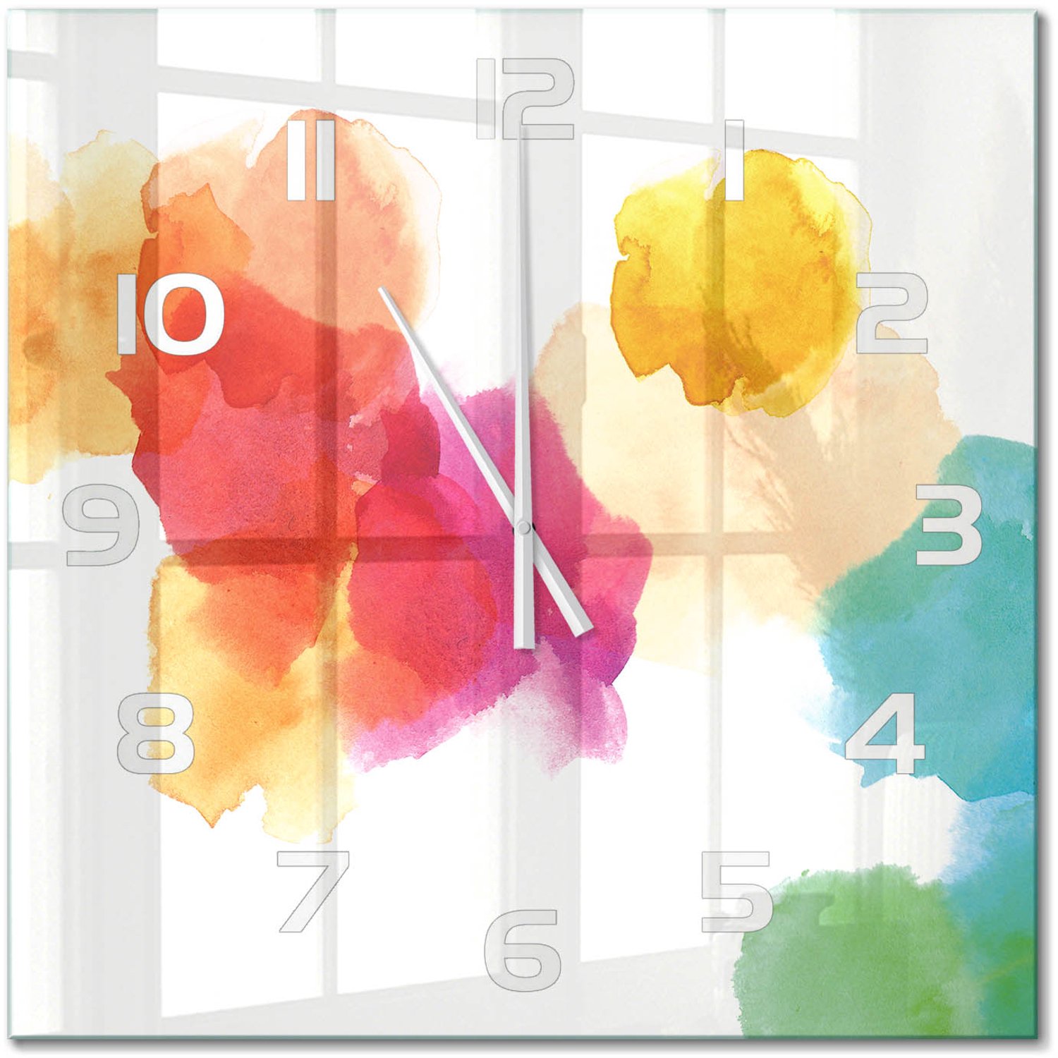 TULUP Wandklok - Kleurrijke vlekken Glazen Klok Met Print - 60x60 cm - Veelkleurig Wandklok Glas Met Motief - Witte handen - Vierkante Klok - Wandklok Glas Decoratie - Gekleurde Glazen Klok