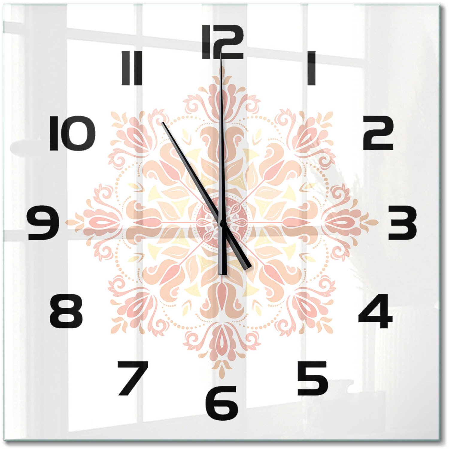 TULUP Wandklok - Decoraties Wandklok Glas Met Motief - 60x60 cm - Beige Decoratieve Glazen Klok - Zwarte handen - Vierkante Klok - Gekleurde Glazen Klok - Glazen Klok Met Print