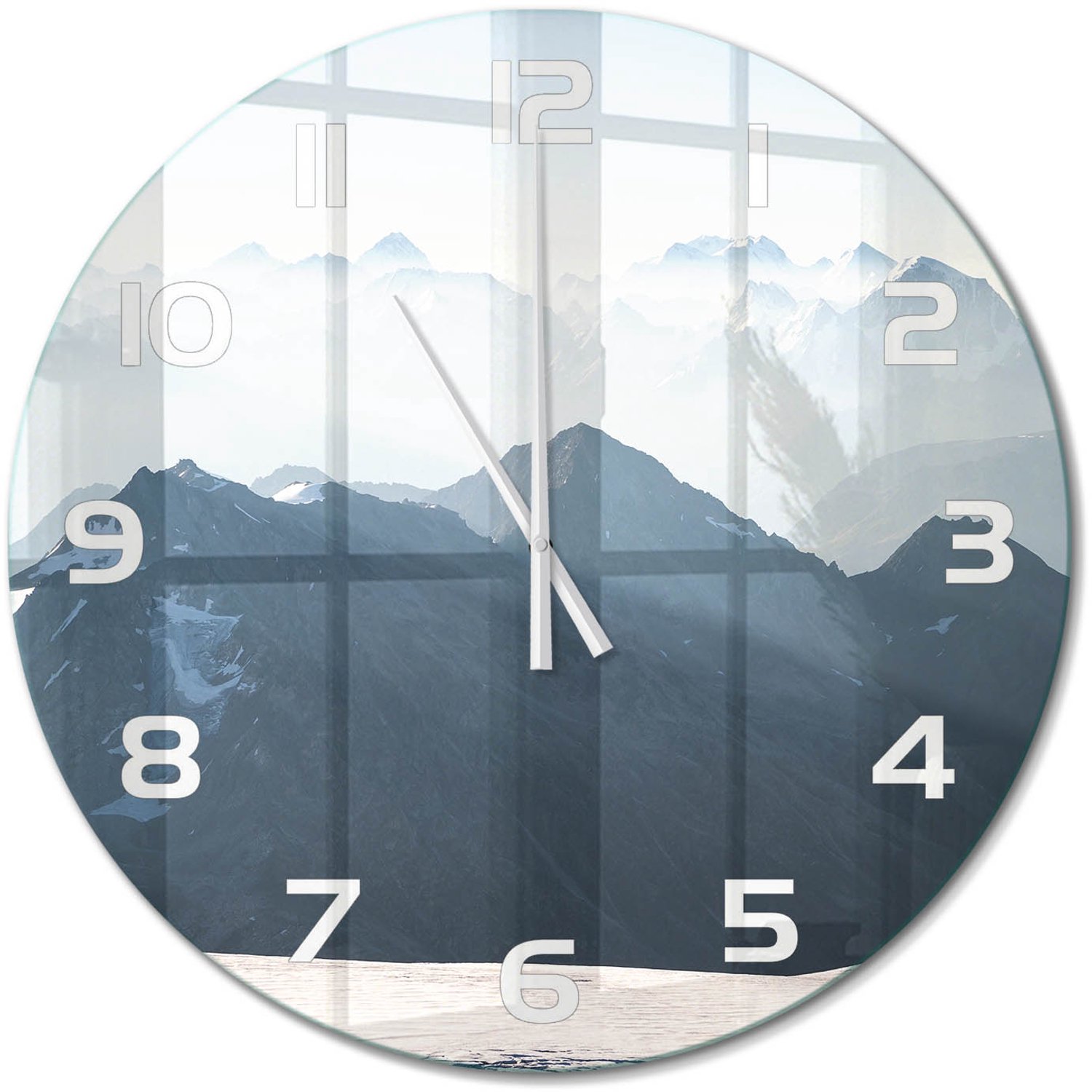 TULUP Wandklok - bergtop Klok Glas Met Opdruk - fi60 cm - Grijs Moderne Wandklok Glas - Witte handen - Ronde Klok - Decoratieve Glazen Klok - Glazen Wandklok Design