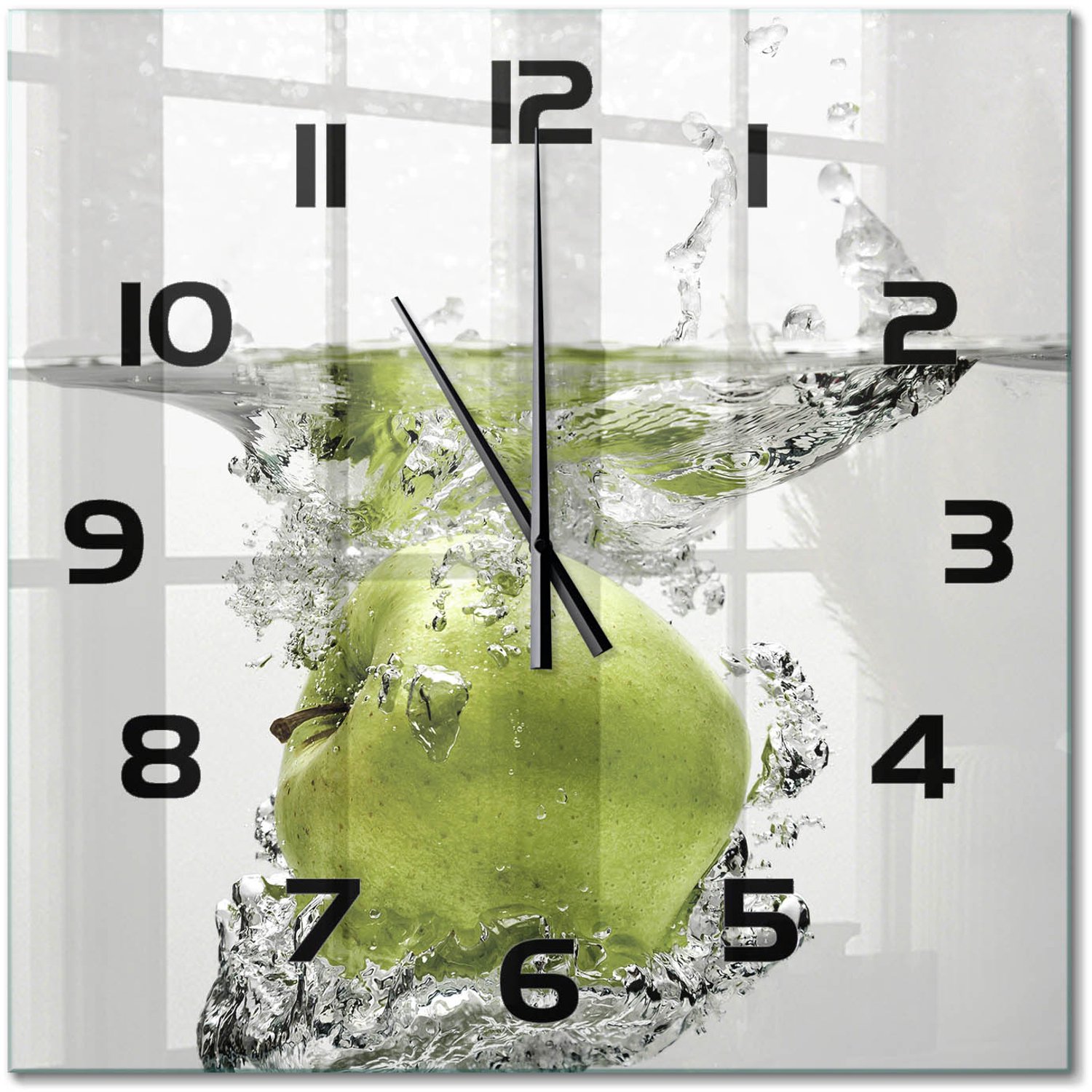 TULUP Wandklok - Appel onder water Moderne Wandklok Glas - 60x60 cm - Groente Wandklok Glas Decoratie - Zwarte handen - Vierkante Klok - Glazen Wandklok Design - Klok Glas Met Opdruk