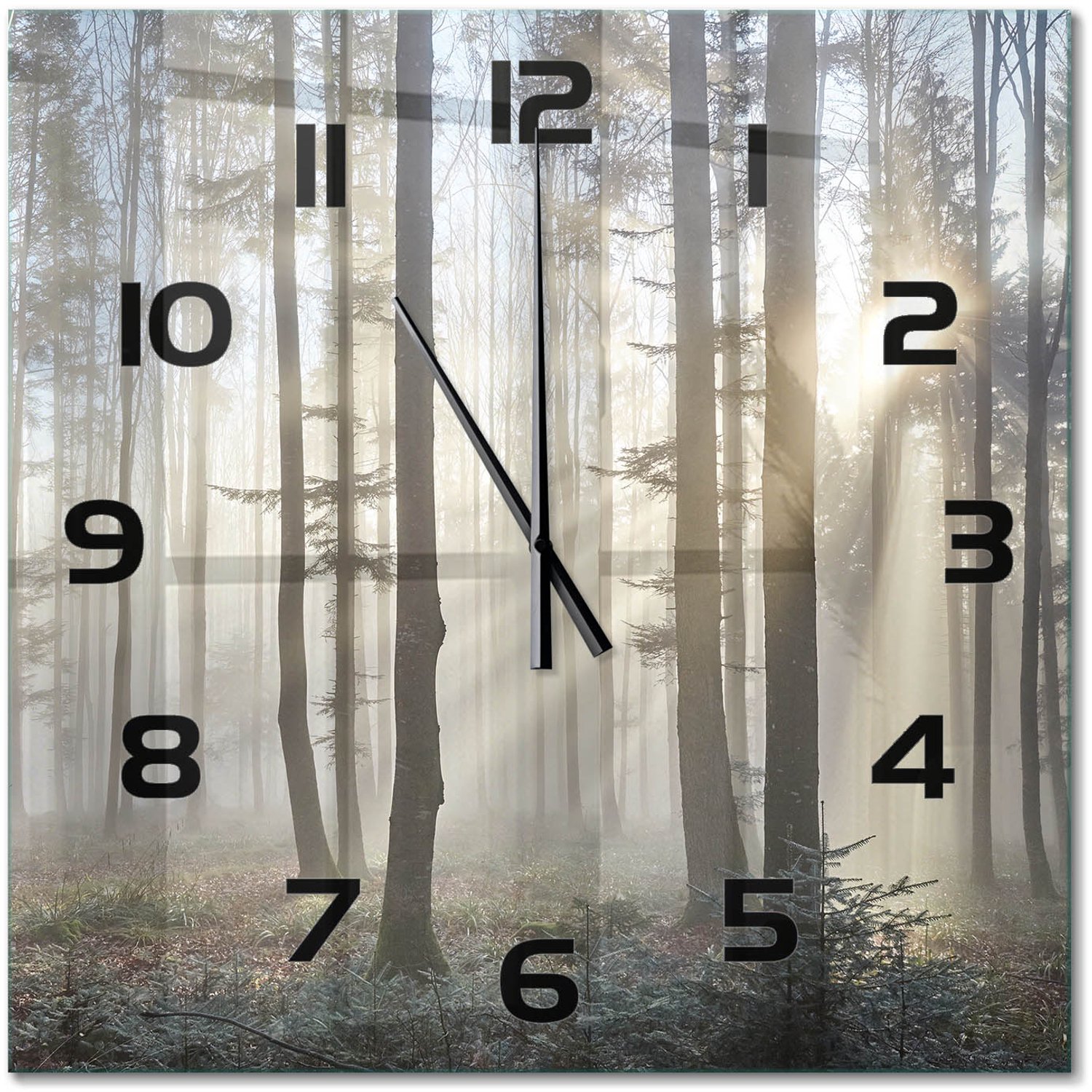 TULUP Wandklok - Mist in het bos Wandklok Glas Met Motief - 60x60 cm - Bruin Decoratieve Glazen Klok - Zwarte handen - Vierkante Klok - Gekleurde Glazen Klok - Glazen Klok Met Print