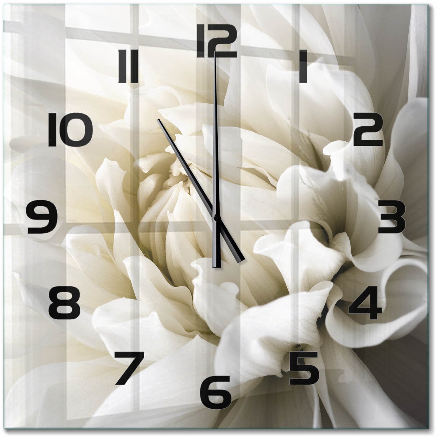 TULUP Wandklok - Witte dahlia Wandklok Glas Met Motief - 60x60 cm - Wit Decoratieve Glazen Klok - Zwarte handen - Vierkante Klok - Gekleurde Glazen Klok - Glazen Klok Met Print
