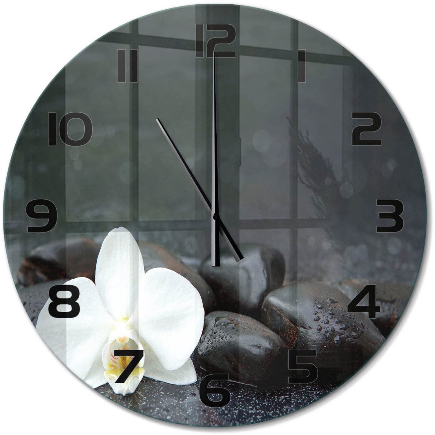 TULUP Wandklok - Orchidee Glazen Wandklok Design - fi60 cm - Zwart Klok Glas Met Opdruk - Zwarte handen - Ronde Klok - Wandklok Glas Met Motief - Decoratieve Glazen Klok