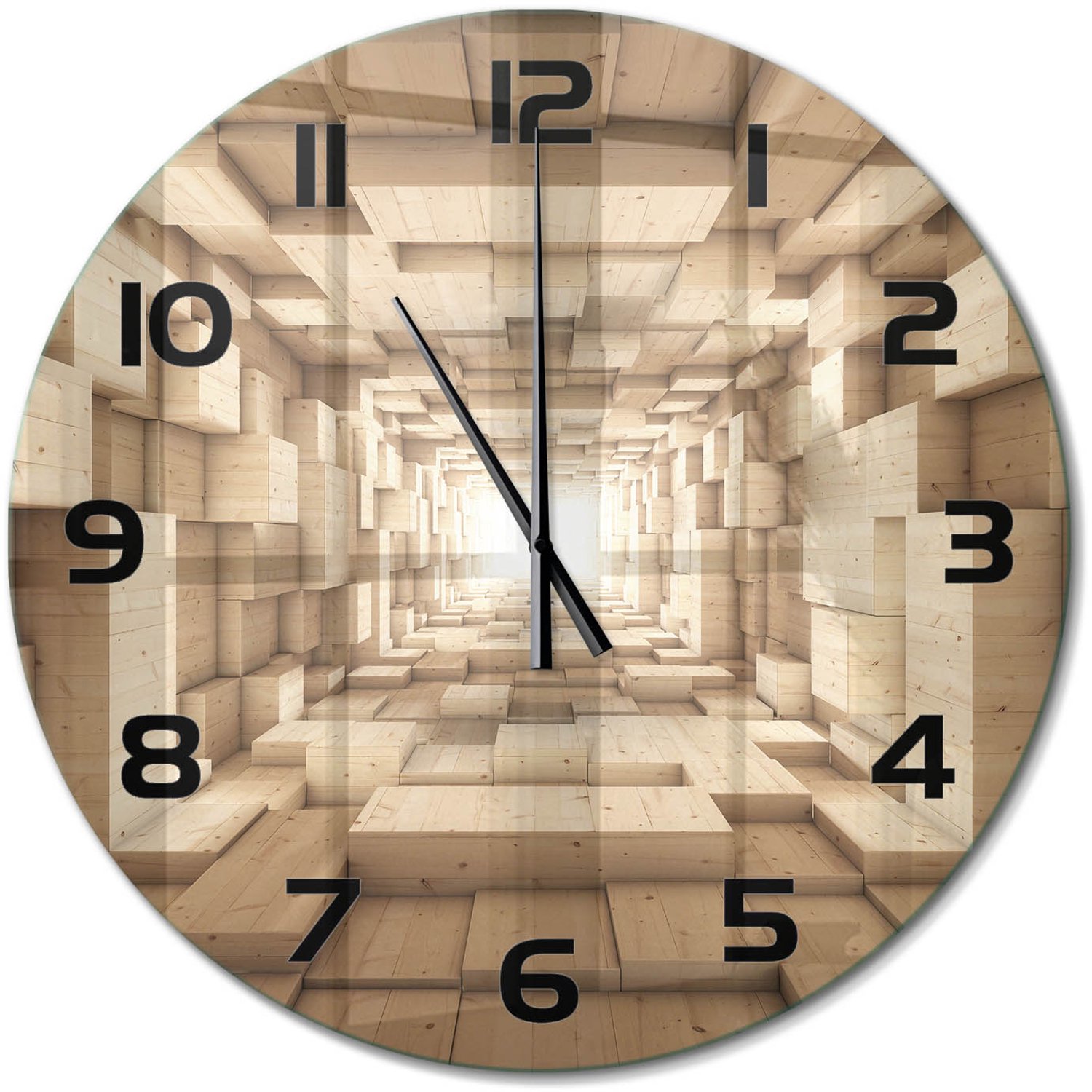 TULUP Wandklok - Houten tunnel Wandklok Glas Met Motief - fi60 cm - Beige Decoratieve Glazen Klok - Zwarte handen - Ronde Klok - Gekleurde Glazen Klok - Glazen Klok Met Print