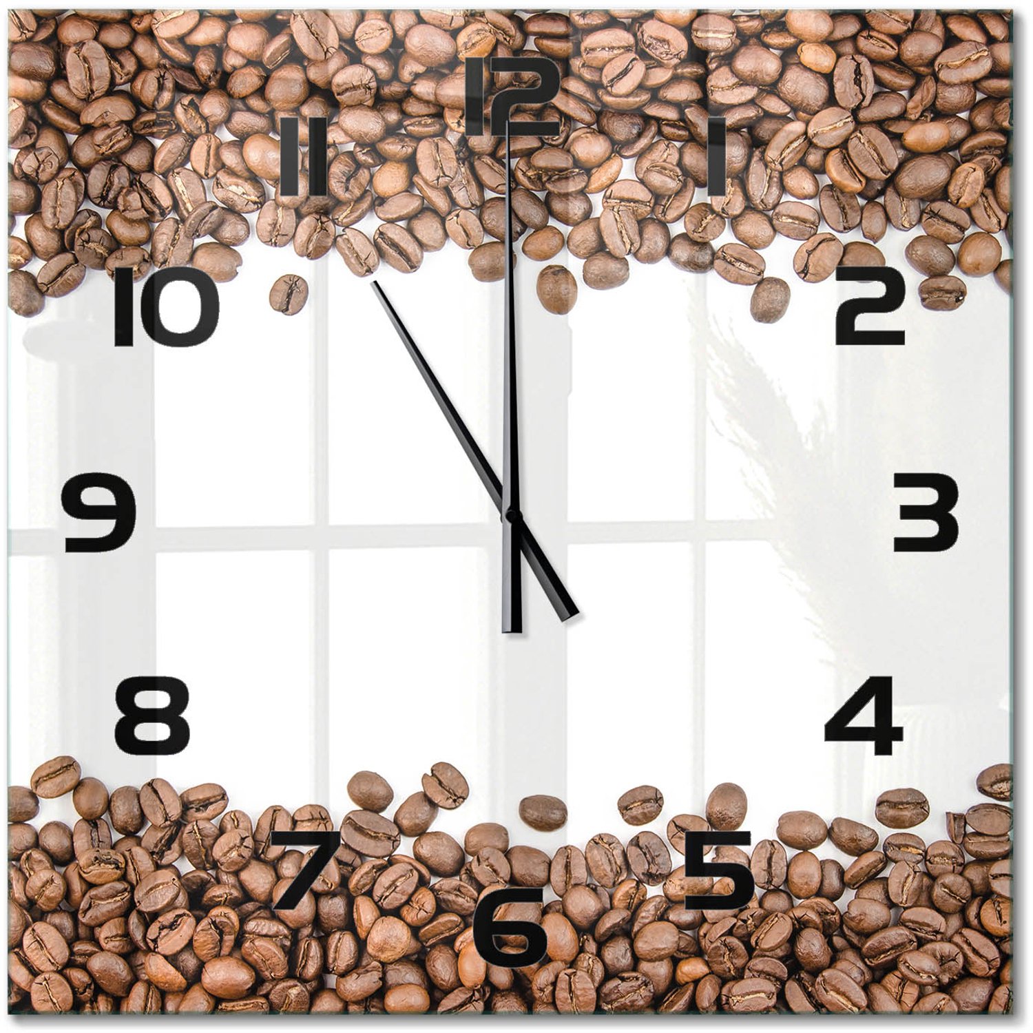 TULUP Wandklok - Koffiebonen Glazen Klok Met Print - 60x60 cm - Bruin Wandklok Glas Met Motief - Zwarte handen - Vierkante Klok - Wandklok Glas Decoratie - Gekleurde Glazen Klok
