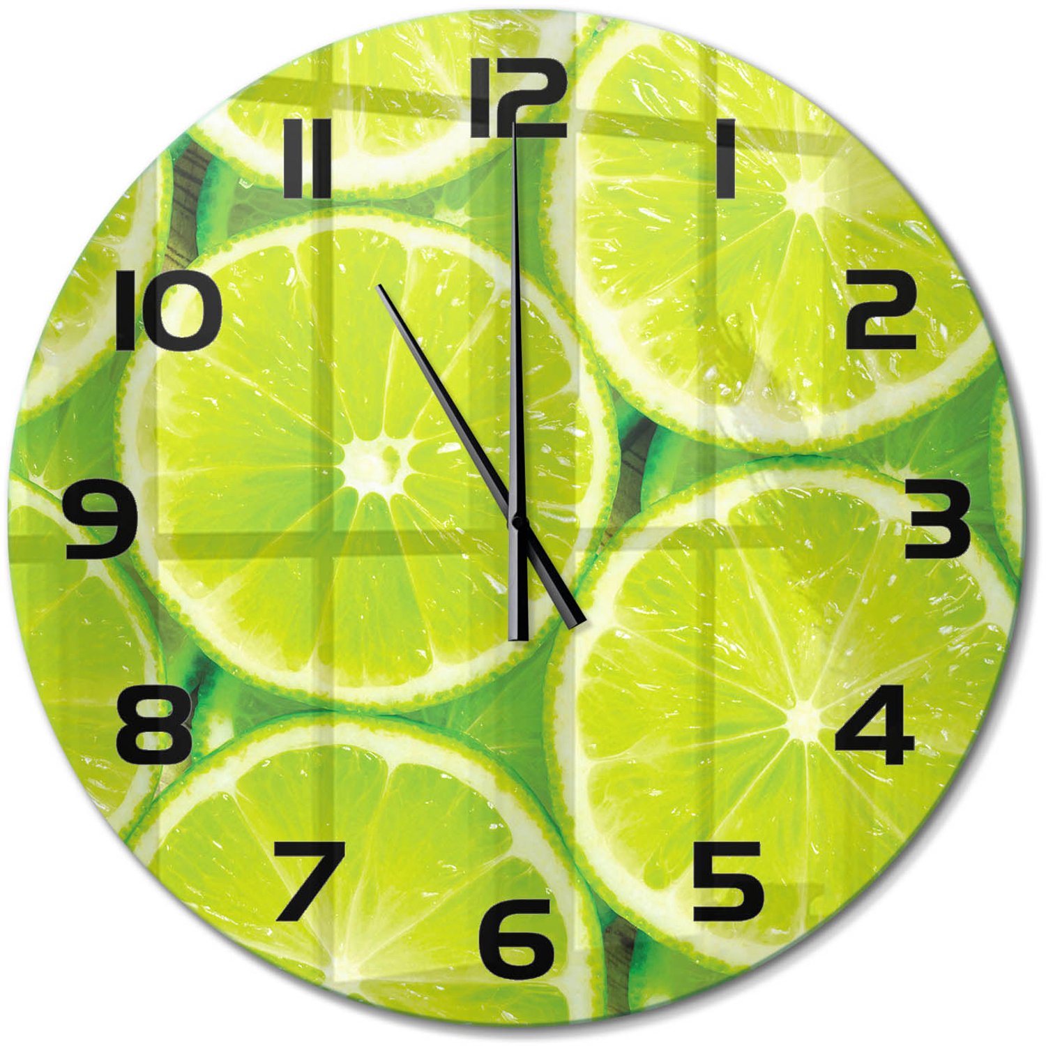 TULUP Wandklok - Limoenen Glazen Klok Met Print - fi60 cm - Groente Wandklok Glas Met Motief - Zwarte handen - Ronde Klok - Wandklok Glas Decoratie - Gekleurde Glazen Klok