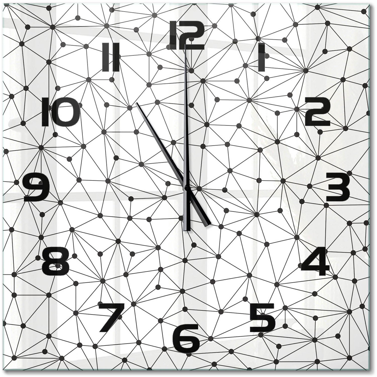 TULUP Wandklok - Lijnen en cirkels Decoratieve Glazen Klok - 60x60 cm - Zwart-wit Glazen Wandklok Design - Zwarte handen - Vierkante Klok - Glazen Klok Met Print - Wandklok Glas Met Motief