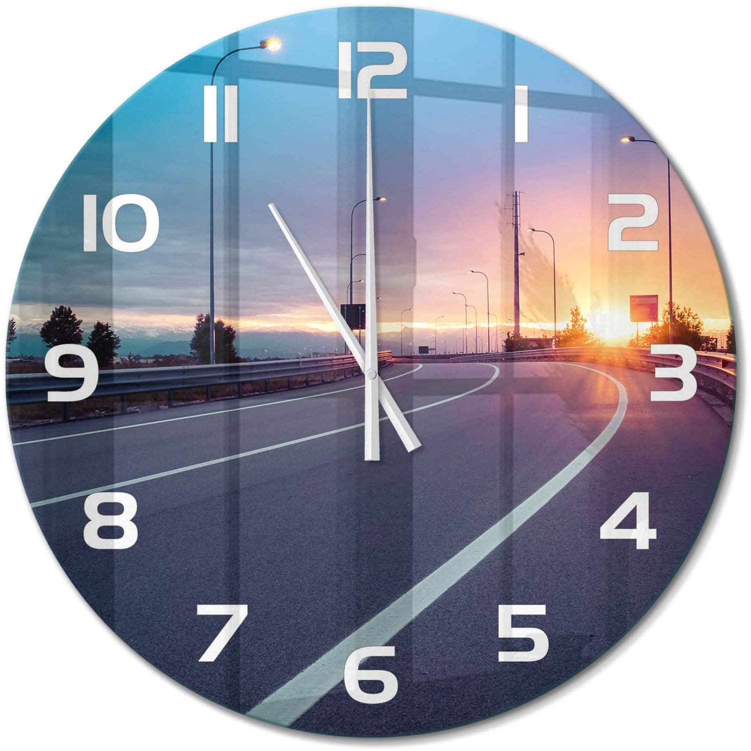 TULUP Wandklok - Snelweg Glazen Klok Met Print - fi60 cm - Veelkleurig Wandklok Glas Met Motief - Witte handen - Ronde Klok - Wandklok Glas Decoratie - Gekleurde Glazen Klok