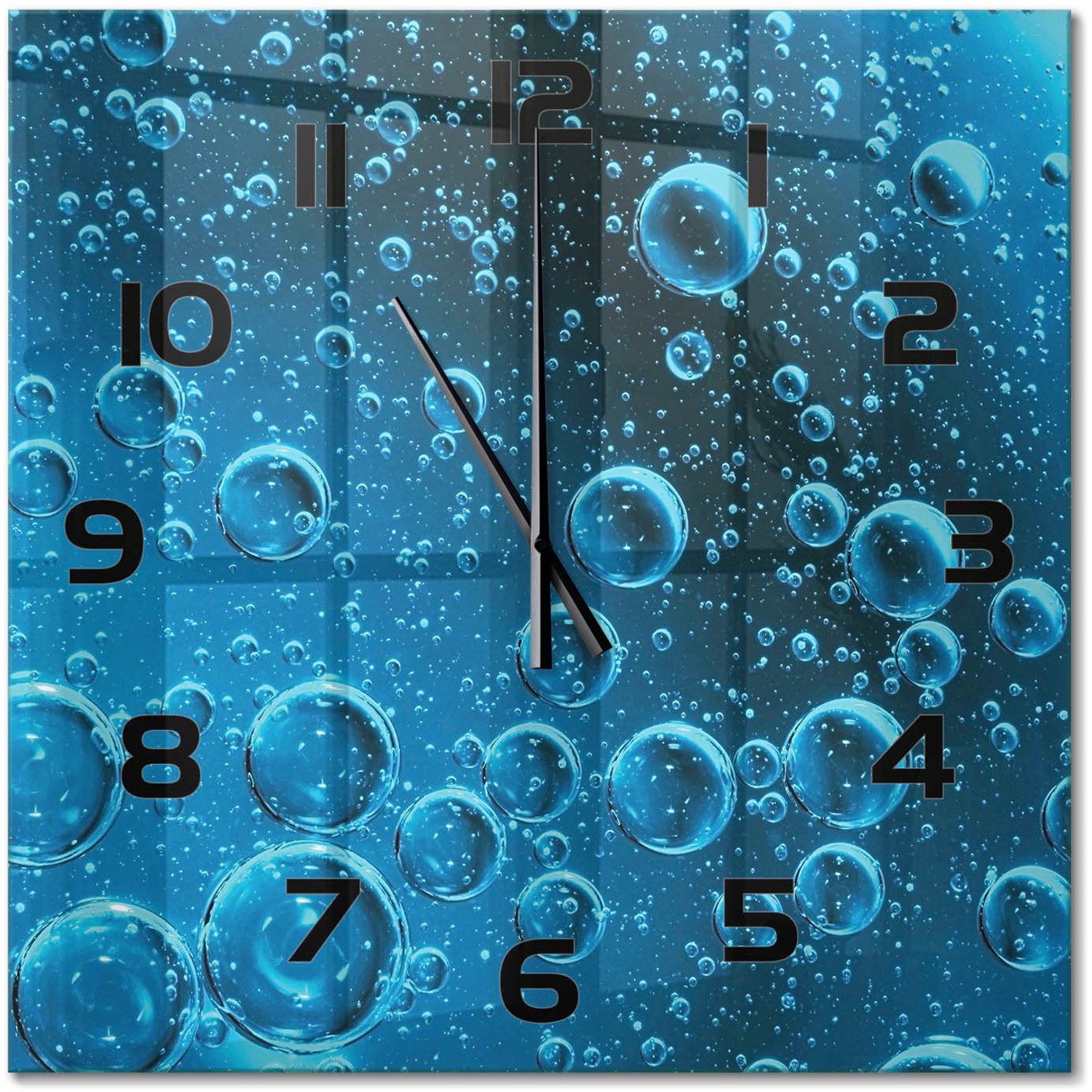 TULUP Wandklok - Onderwaterbellen Decoratieve Glazen Klok - 60x60 cm - Blauw Glazen Wandklok Design - Zwarte handen - Vierkante Klok - Glazen Klok Met Print - Wandklok Glas Met Motief