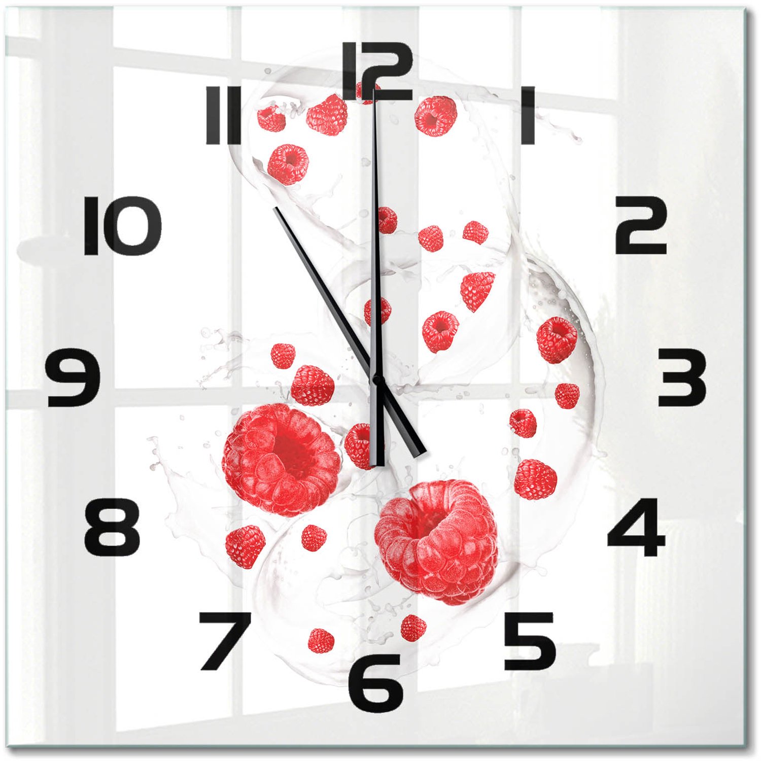 TULUP Wandklok - Frambozen met melk Moderne Wandklok Glas - 60x60 cm - Rood Wandklok Glas Decoratie - Zwarte handen - Vierkante Klok - Glazen Wandklok Design - Klok Glas Met Opdruk
