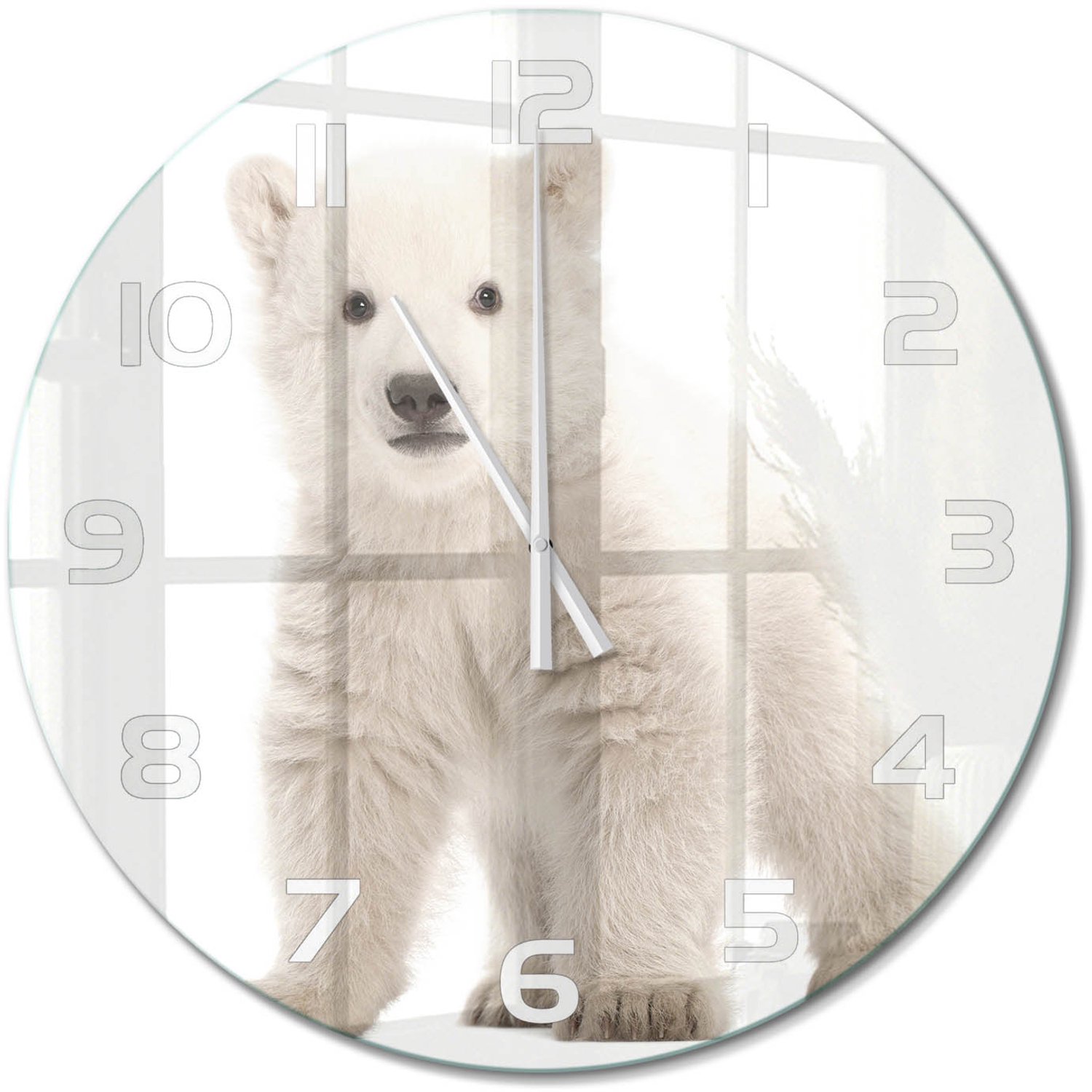 TULUP Wandklok - Ijsbeer Moderne Wandklok Glas - fi60 cm - Wit Wandklok Glas Decoratie - Witte handen - Ronde Klok - Glazen Wandklok Design - Klok Glas Met Opdruk