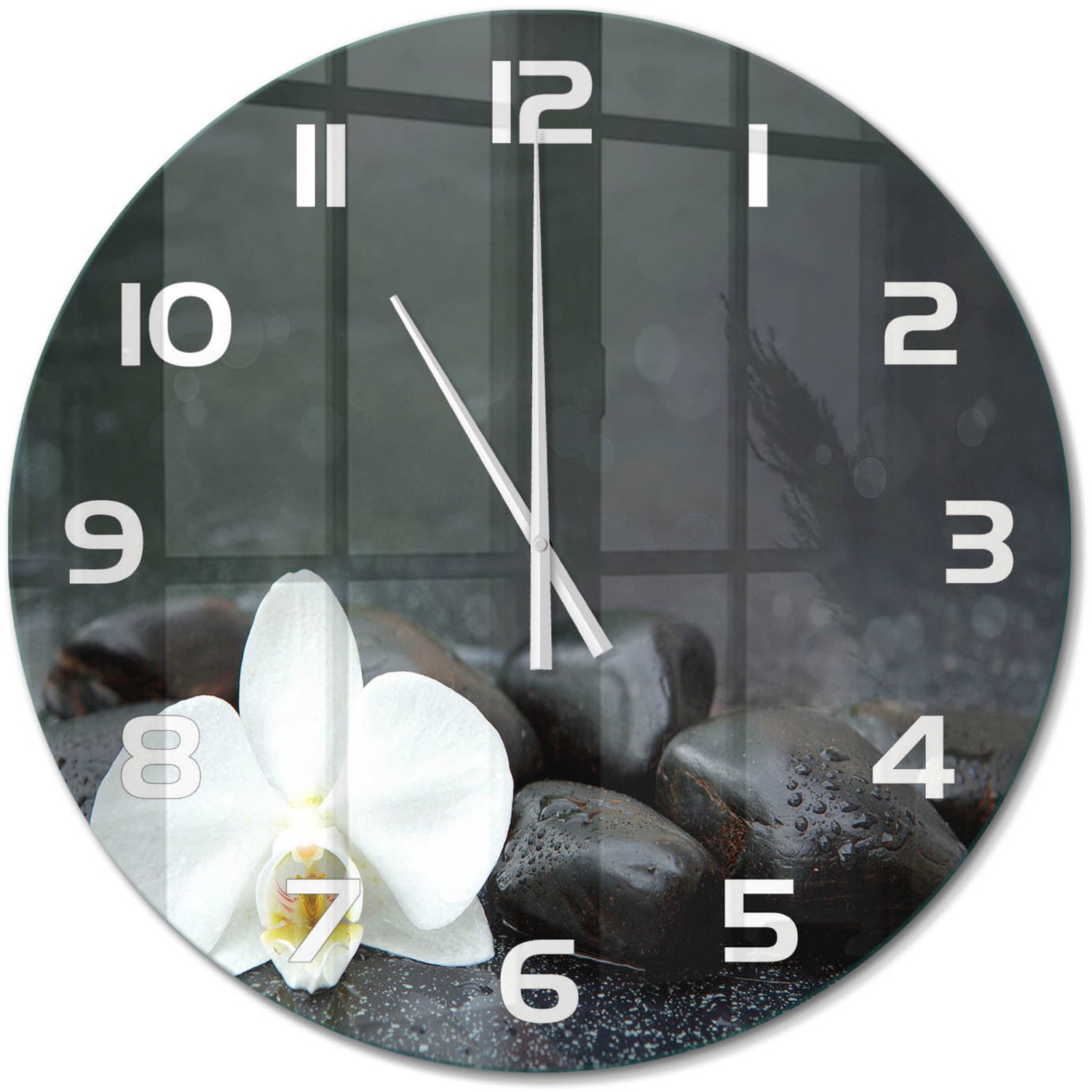 TULUP Wandklok - Orchidee Glazen Klok Met Print - fi60 cm - Zwart Wandklok Glas Met Motief - Witte handen - Ronde Klok - Wandklok Glas Decoratie - Gekleurde Glazen Klok
