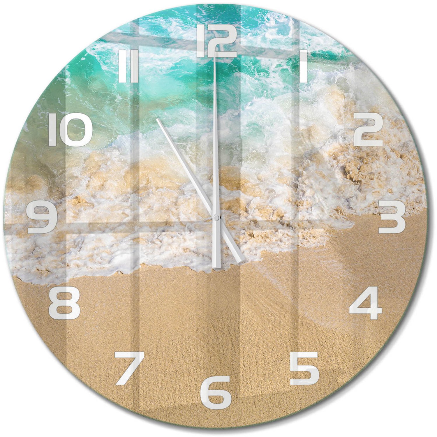 TULUP Wandklok - Strand en zee Decoratieve Glazen Klok - fi60 cm - Blauw Glazen Wandklok Design - Witte handen - Ronde Klok - Glazen Klok Met Print - Wandklok Glas Met Motief