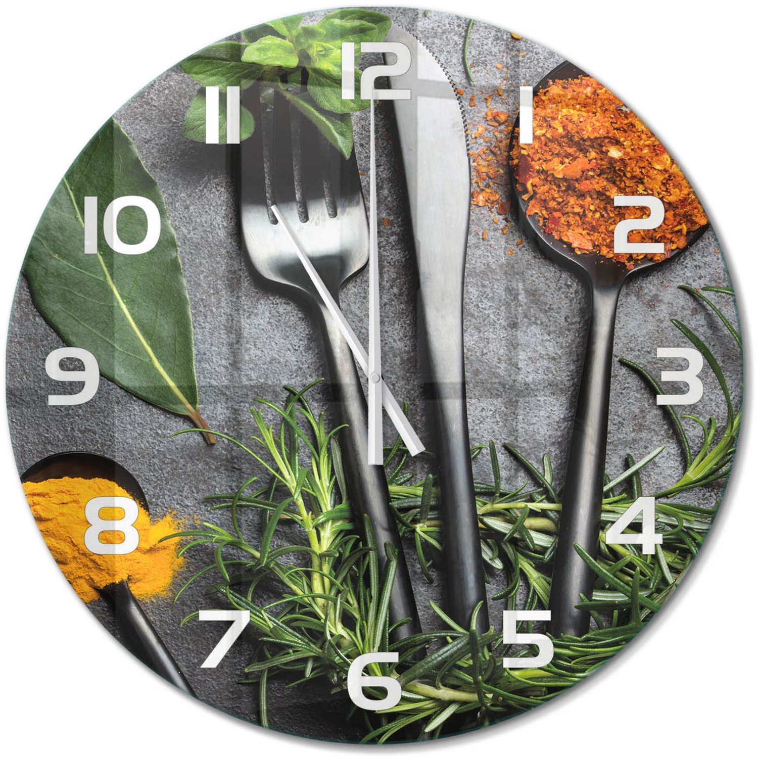 TULUP Wandklok - Bestek en specerijen Moderne Wandklok Glas - fi60 cm - Veelkleurig Wandklok Glas Decoratie - Witte handen - Ronde Klok - Glazen Wandklok Design - Klok Glas Met Opdruk