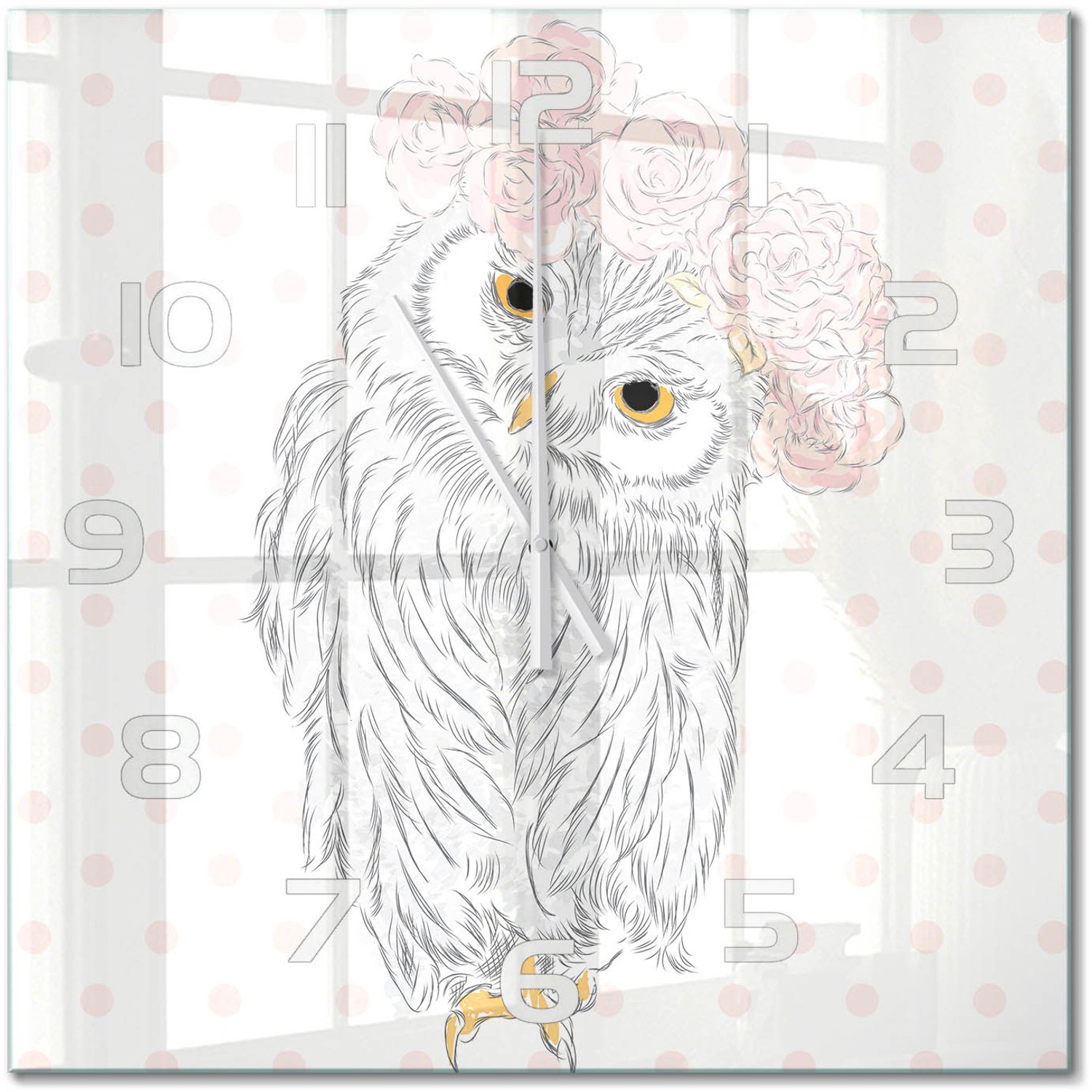 TULUP Wandklok - Uil in een krans Glazen Wandklok Design - 60x60 cm - Roze Klok Glas Met Opdruk - Witte handen - Vierkante Klok - Wandklok Glas Met Motief - Decoratieve Glazen Klok