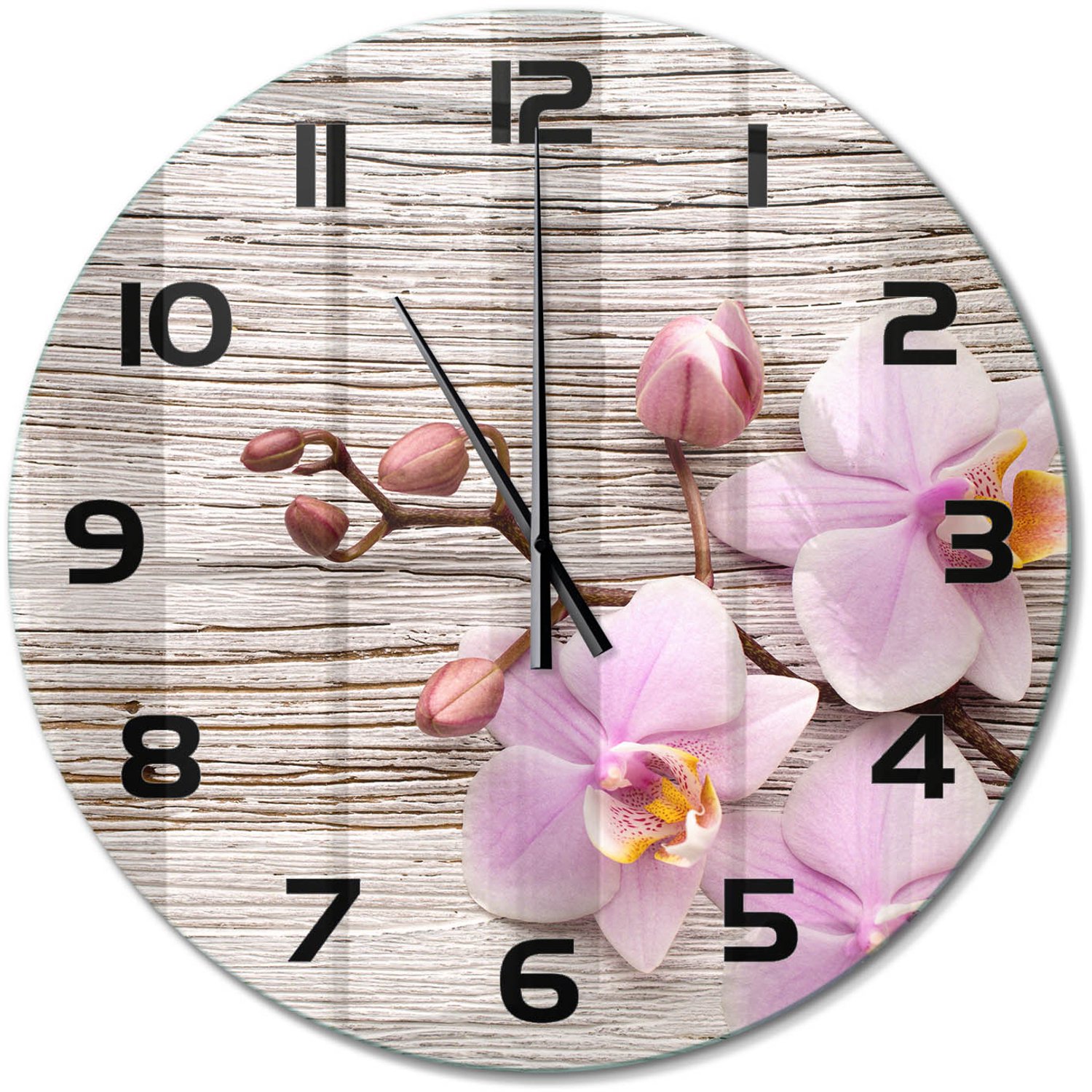 TULUP Wandklok - Orchidee op hout Wandklok Glas Decoratie - fi60 cm - Beige Gekleurde Glazen Klok - Zwarte handen - Ronde Klok - Klok Glas Met Opdruk - Moderne Wandklok Glas