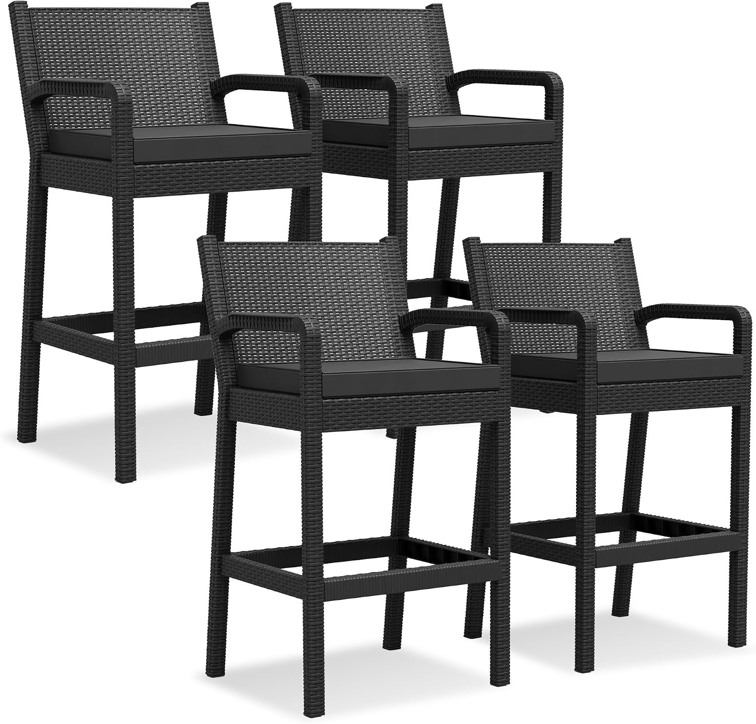 HOERFURIY Tuin barkrukken set van 4 polyrotan 30 inch, weerbestendig, zwart met kussen