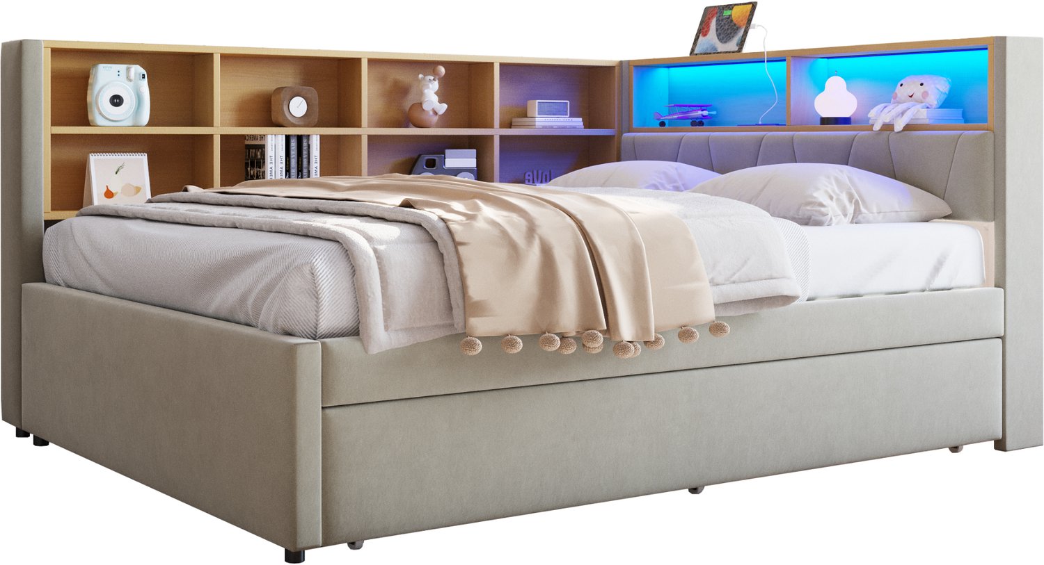 MUVANO Slaapbank 140x200 met uitschuifbed 90x190 - ledverlichting, opbergvakken en laadpoorten - flanellen bekleding - lichtgrijs voor slaapkamer