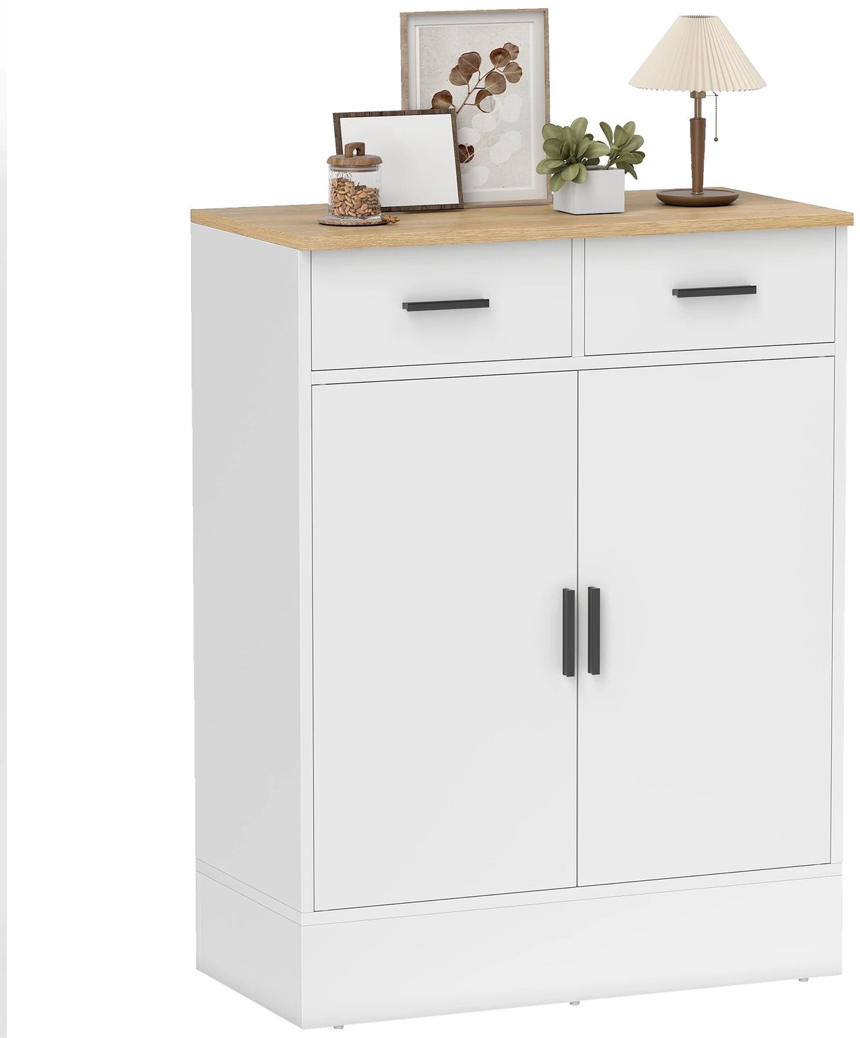 uJOY Buffetkast – Dressoir met 2 Lades en 2 Deuren – Verstelbare Plank – Wit en Naturel Houtlook – Moderne Opbergkast – 90 cm Hoog