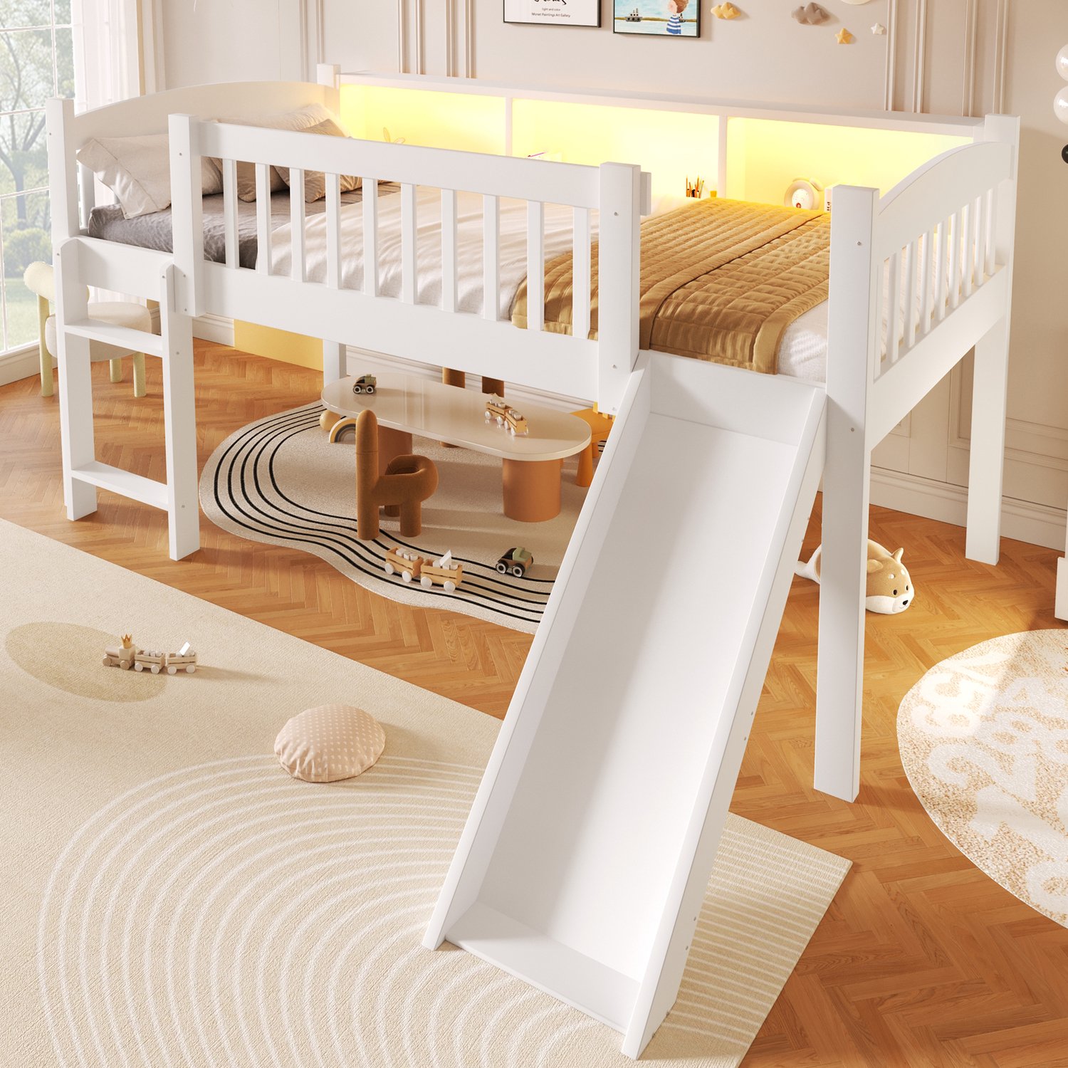 Sweiko Halfhoogslaper - 90 x 200 cm - Houten kinderbed - Opbergruimte - LED-verlichting - Oplaadpoort - Met glijbaan - Wit