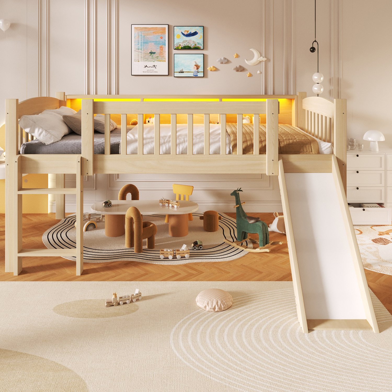 Sweiko Halfhoogslaper - 90 x 200 cm - Houten kinderbed - Opbergruimte - LED-verlichting - Oplaadpoort - Met glijbaan - Natuurlijke